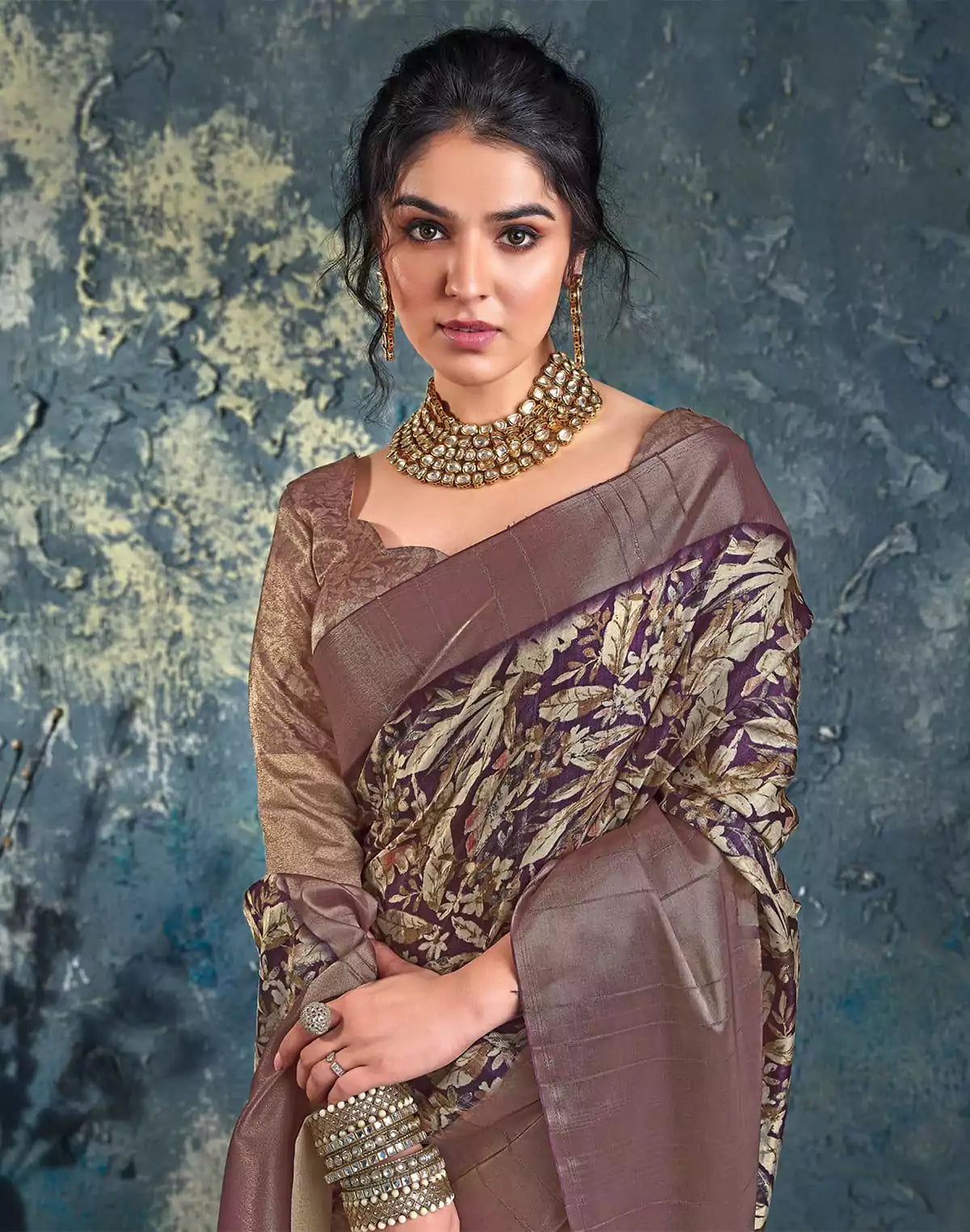 Image of Voilet Floral Print Jute Fancy Saree