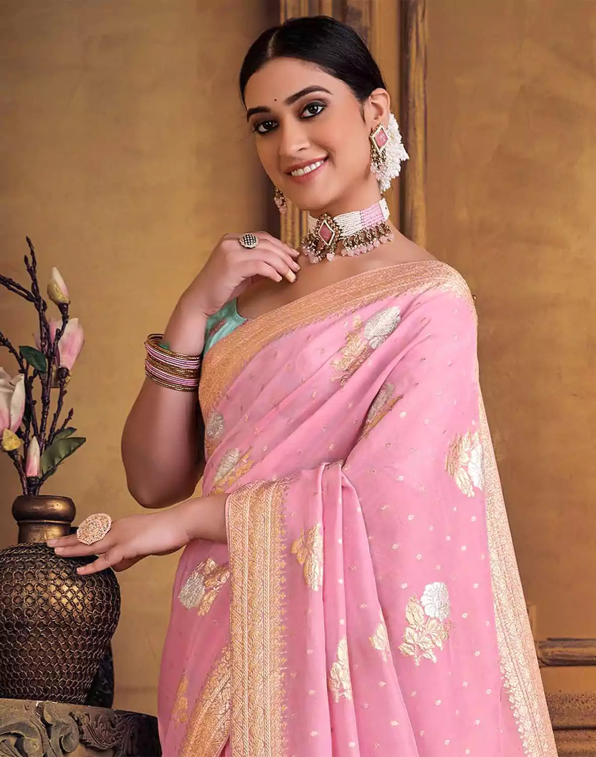 Image of Pink Coloured Banaras in Dola Silk Saree