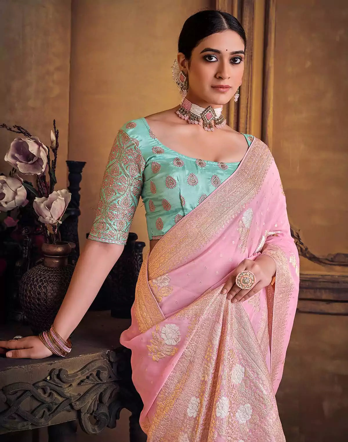 Image of Pink Coloured Banaras in Dola Silk Saree