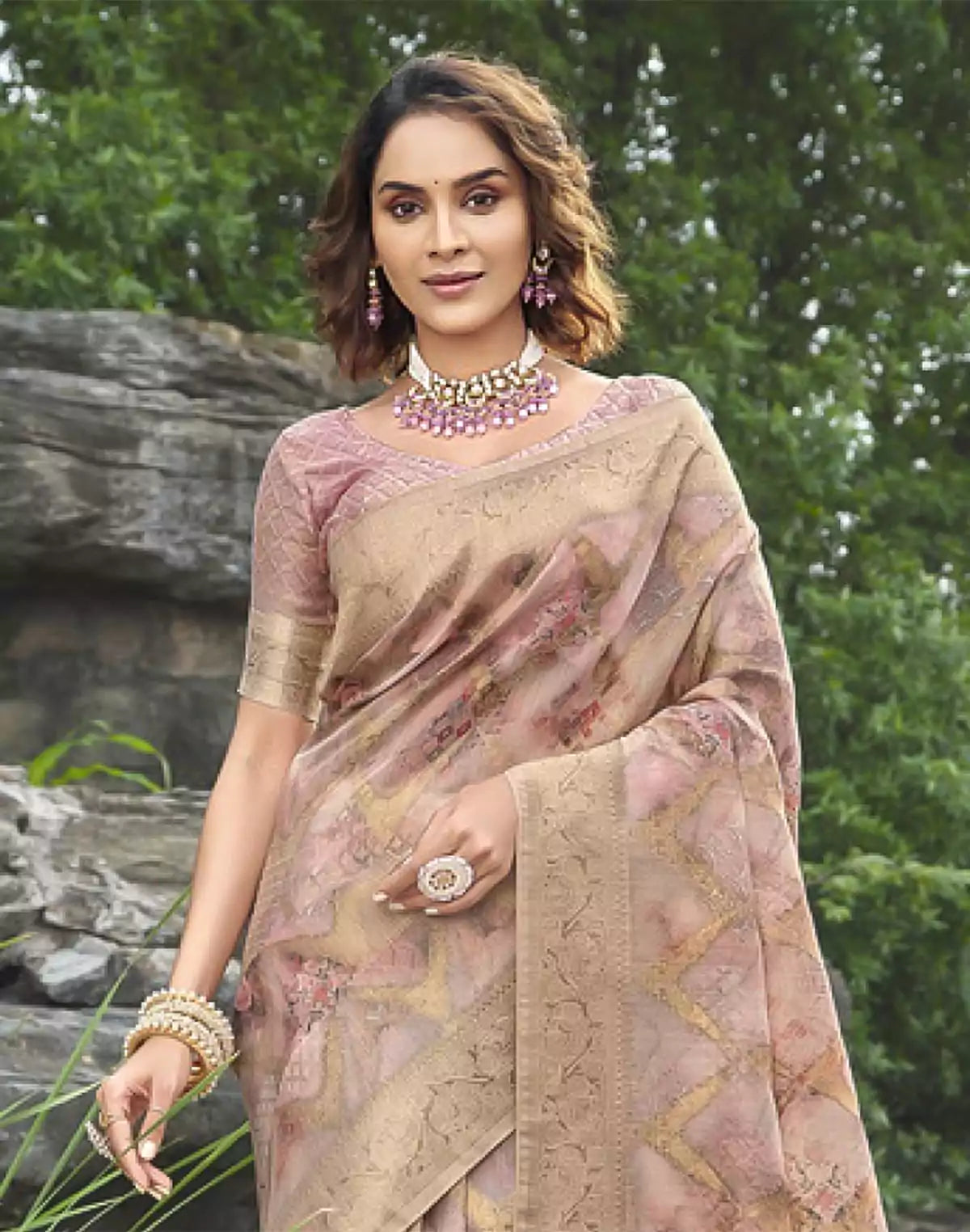 Image of Stunning Light Pink Floral Soft Jute Saree