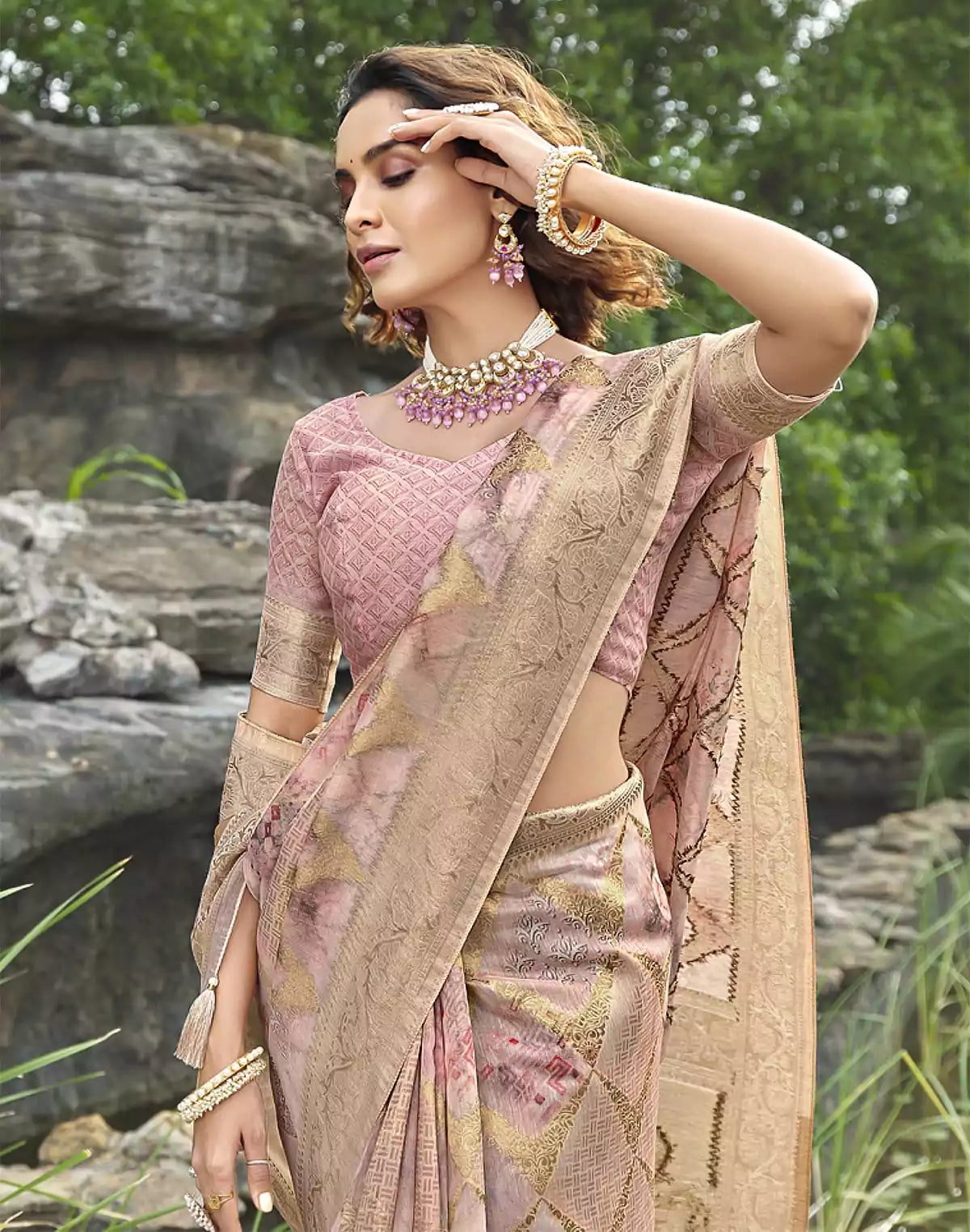 Image of Stunning Light Pink Floral Soft Jute Saree