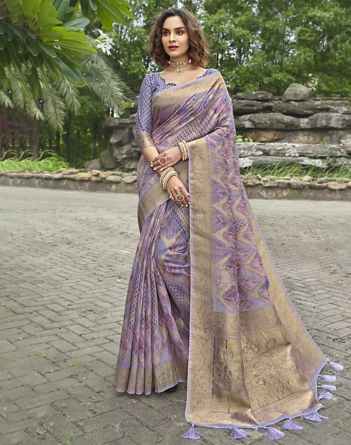 Image of Attractive Violet Coloured Floral Jute Fancy Saree