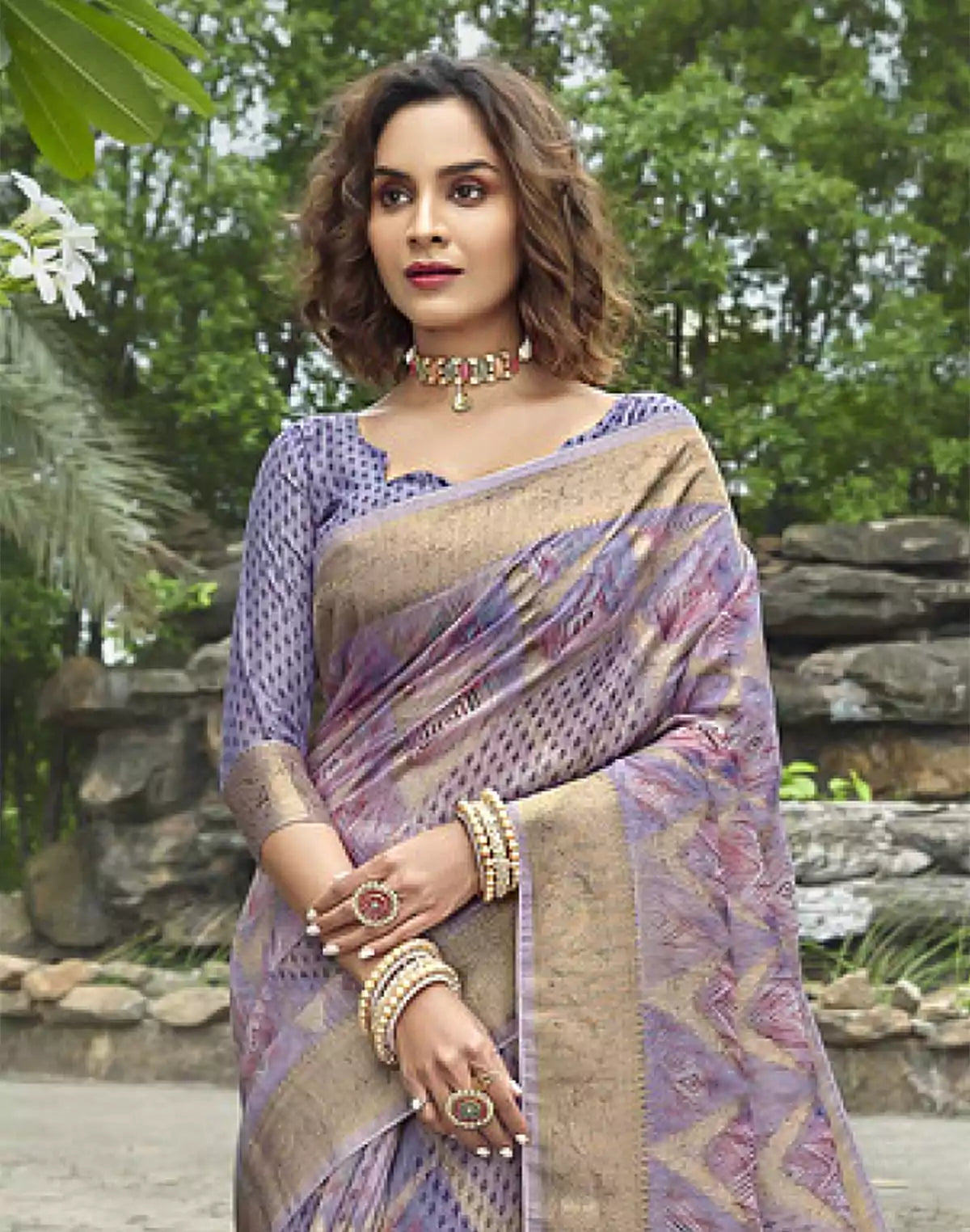 Image of Attractive Violet Coloured Floral Jute Fancy Saree