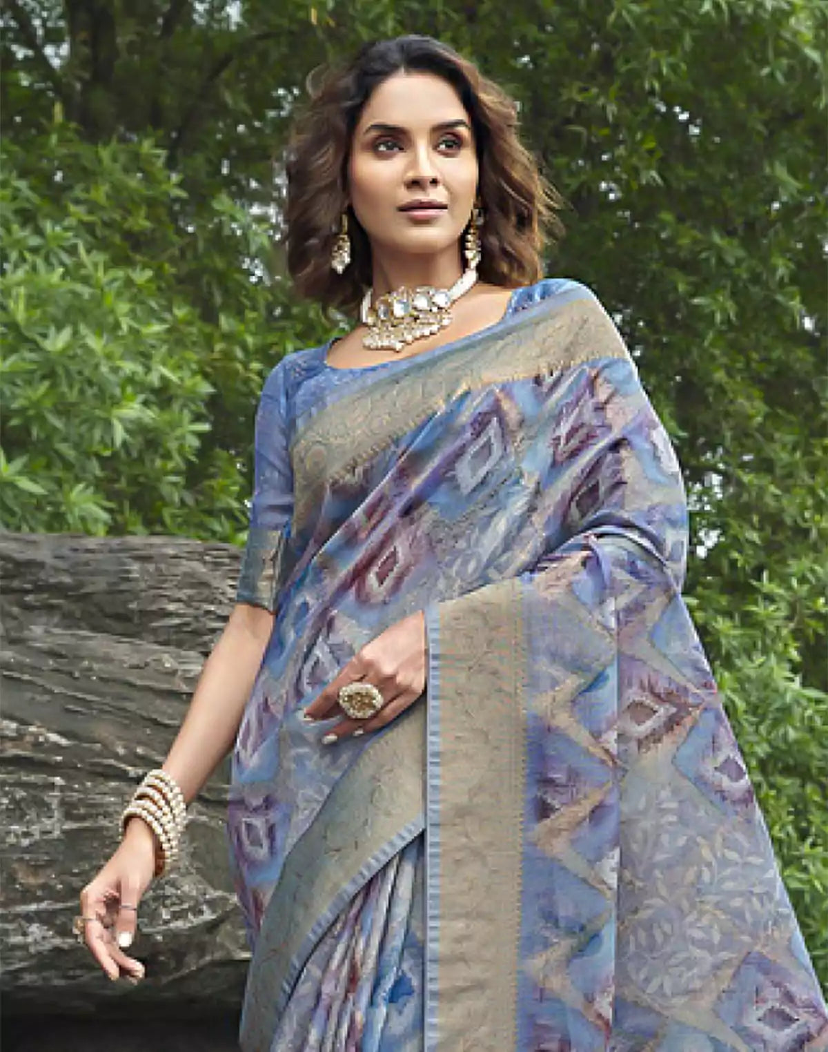 Image of Sky Blue Fancy Jute Saree