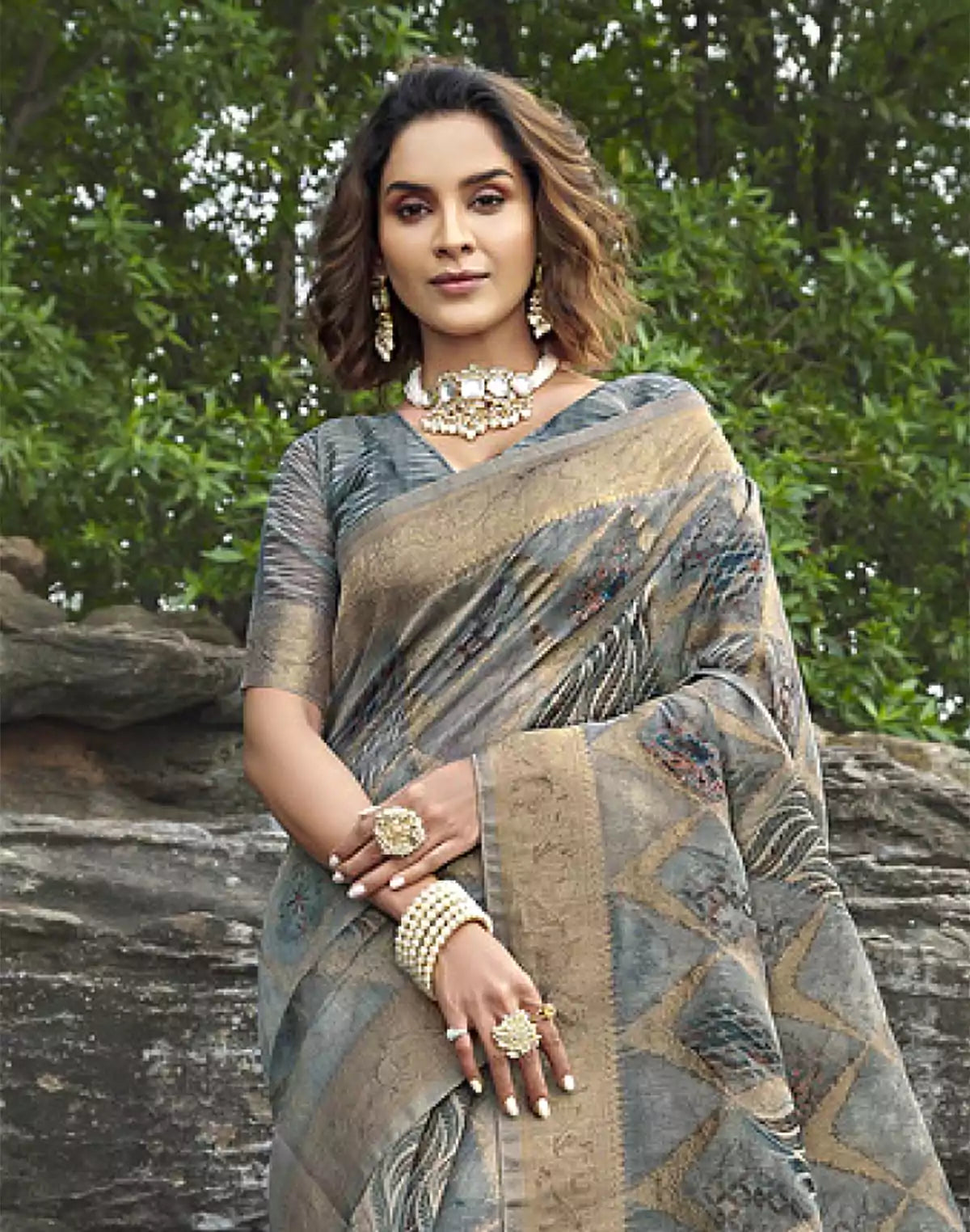 Image of Light Blue Floral Jute Fancy Saree