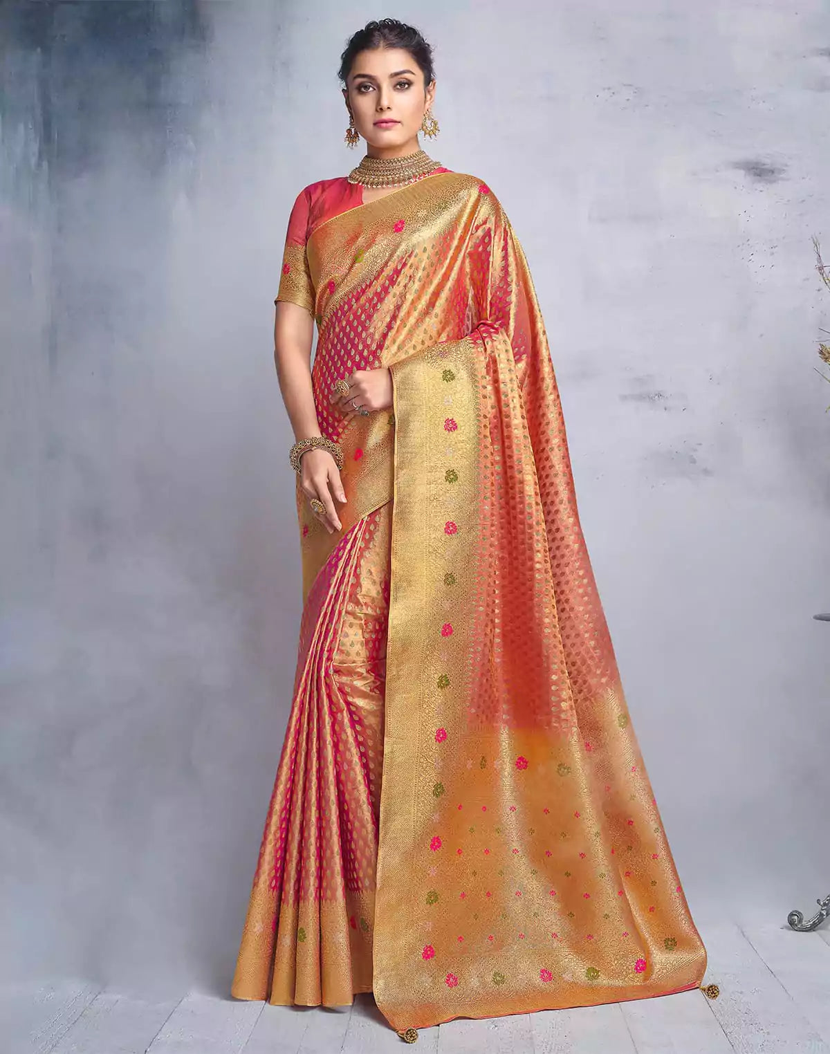 Image of Red Tissue Saree with Golden Banaras Border