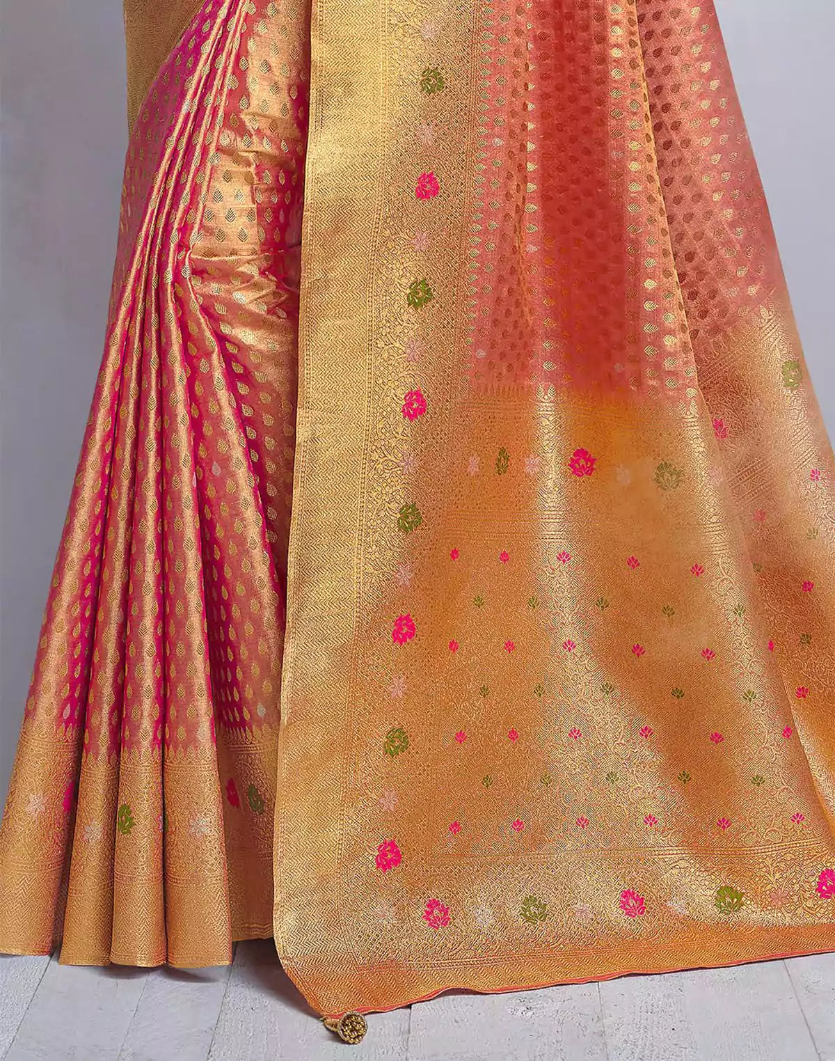 Image of Red Tissue Saree with Golden Banaras Border