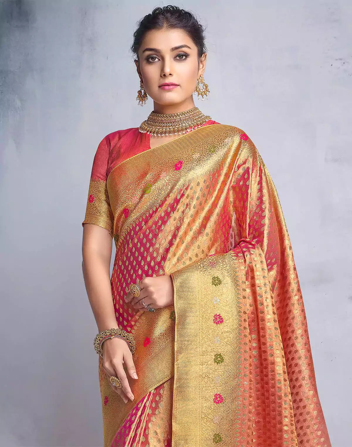 Image of Red Tissue Saree with Golden Banaras Border