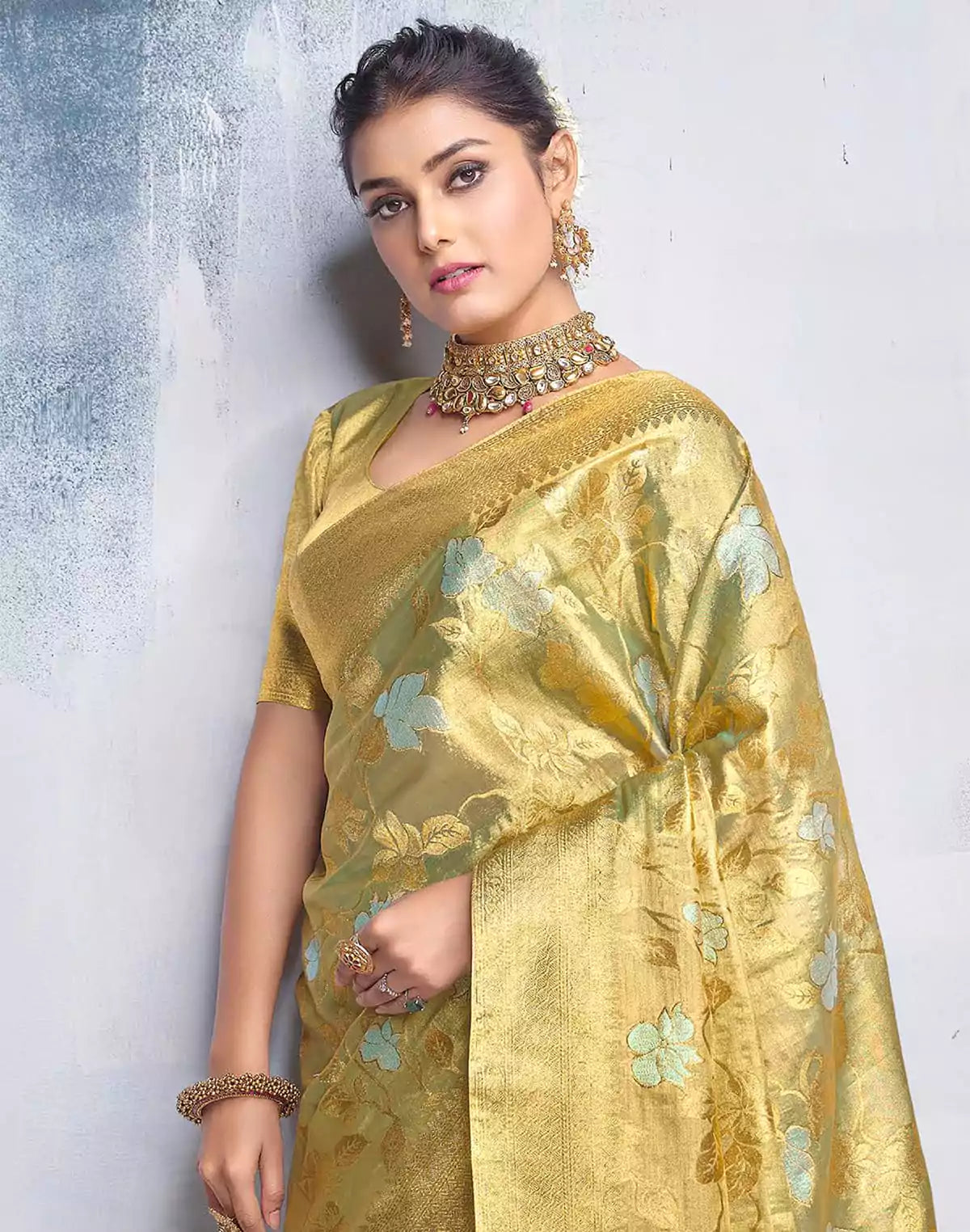 Image of Greenish Golden Floral Banaras Tissue Saree