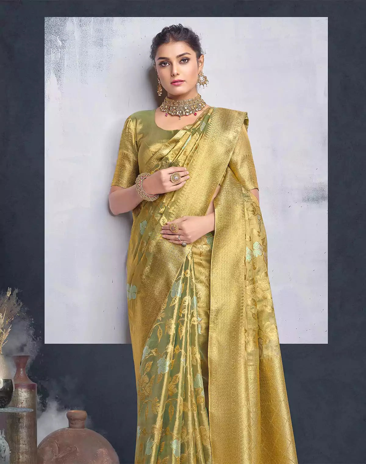 Image of Greenish Golden Floral Banaras Tissue Saree