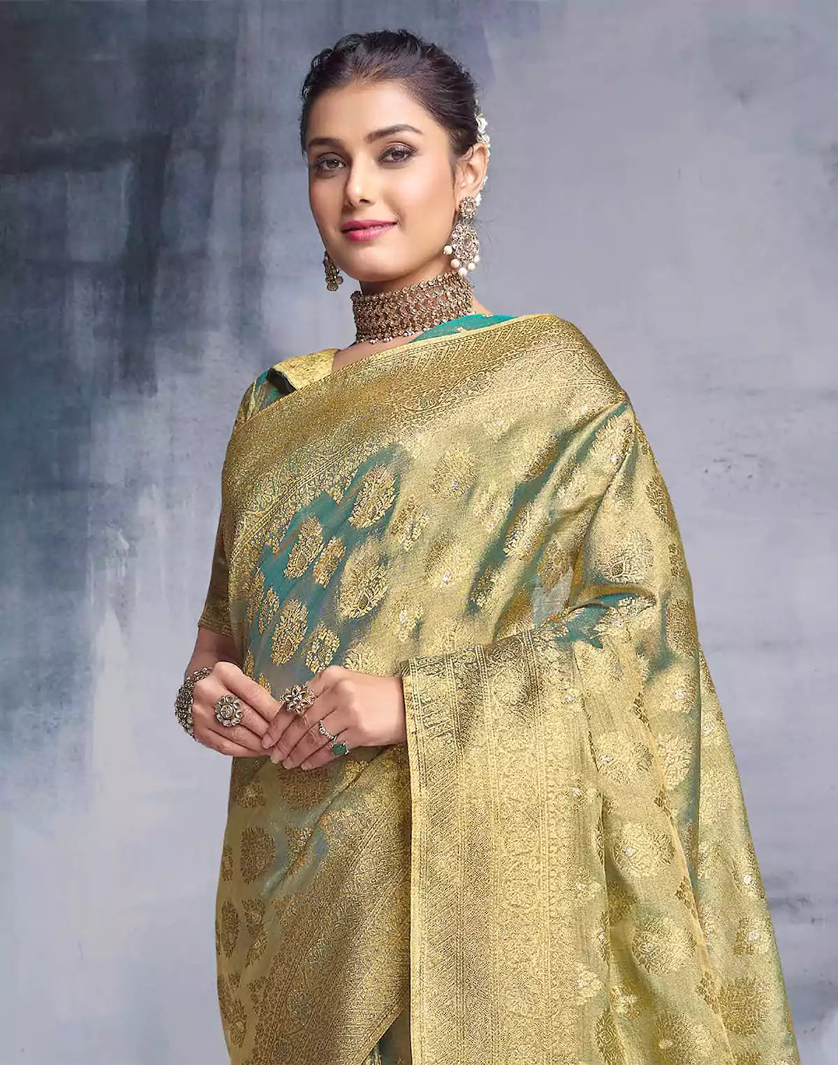 Image of Gold and Blue Banaras Tissue Saree
