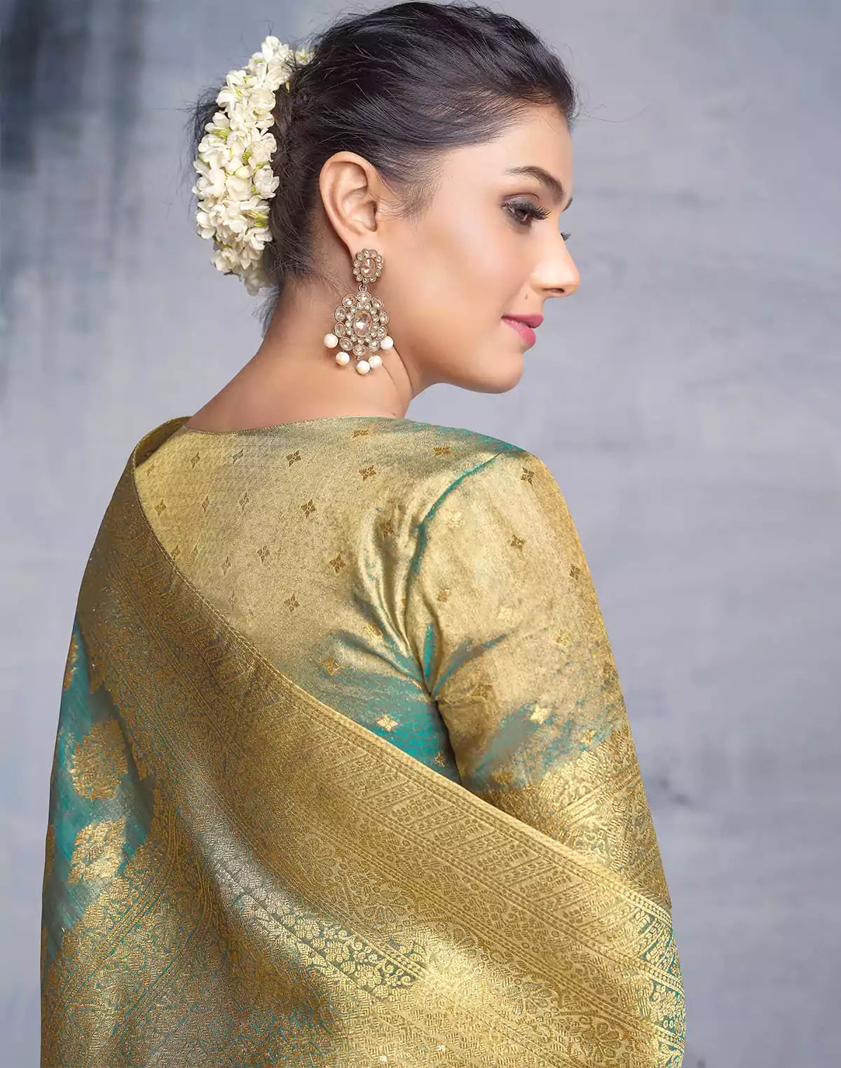 Image of Gold and Blue Banaras Tissue Saree
