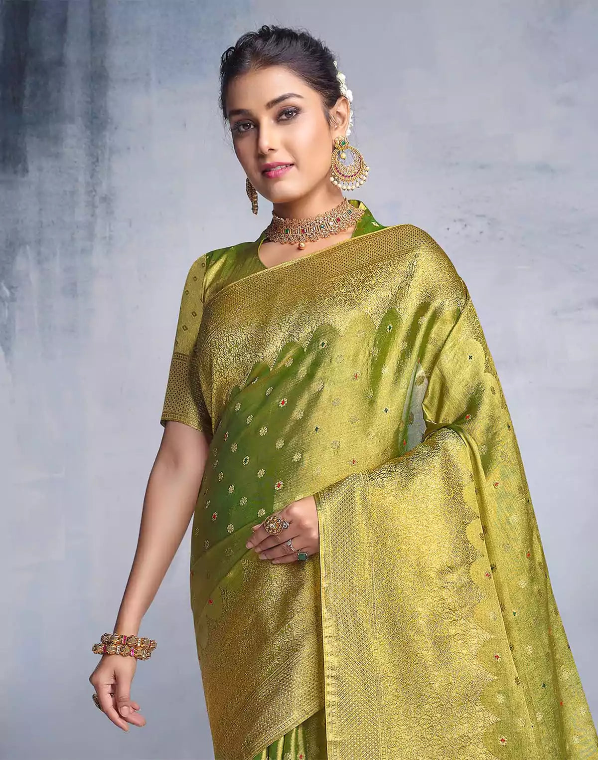 Image of Parrot Green Banaras Tissue Saree