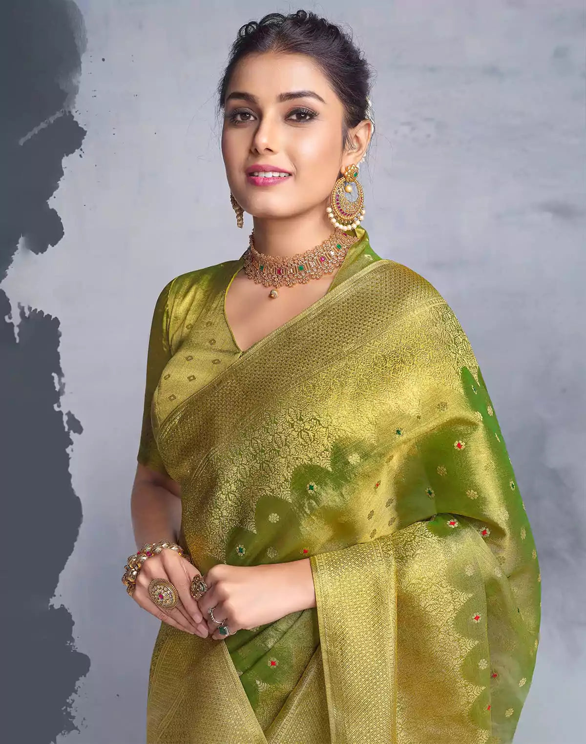 Image of Parrot Green Banaras Tissue Saree