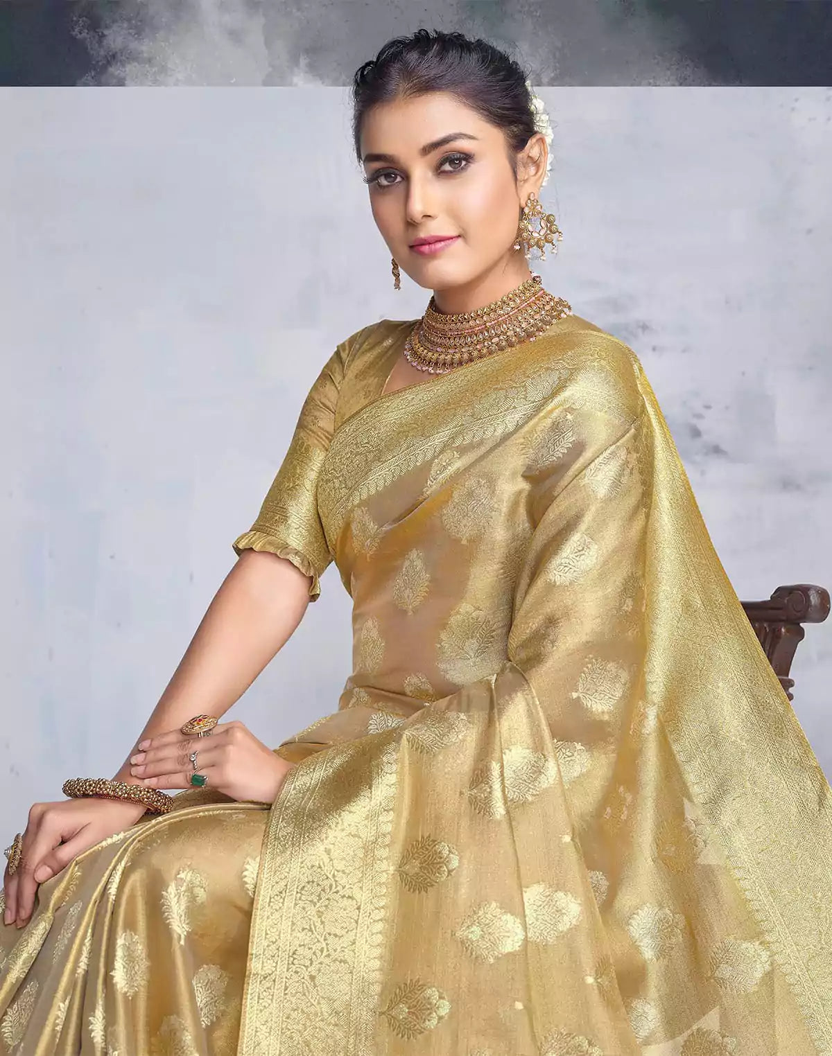 Image of Brownish Gold Matte Banaras Tissue Saree