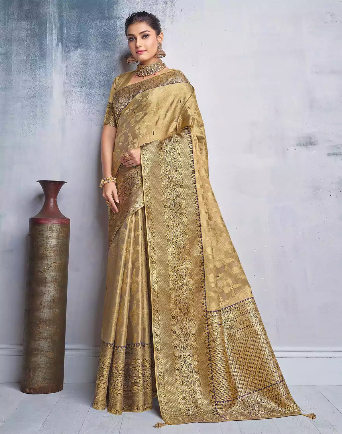 Image of Gold Coloured all over Paisely design Banaras Tissue Saree