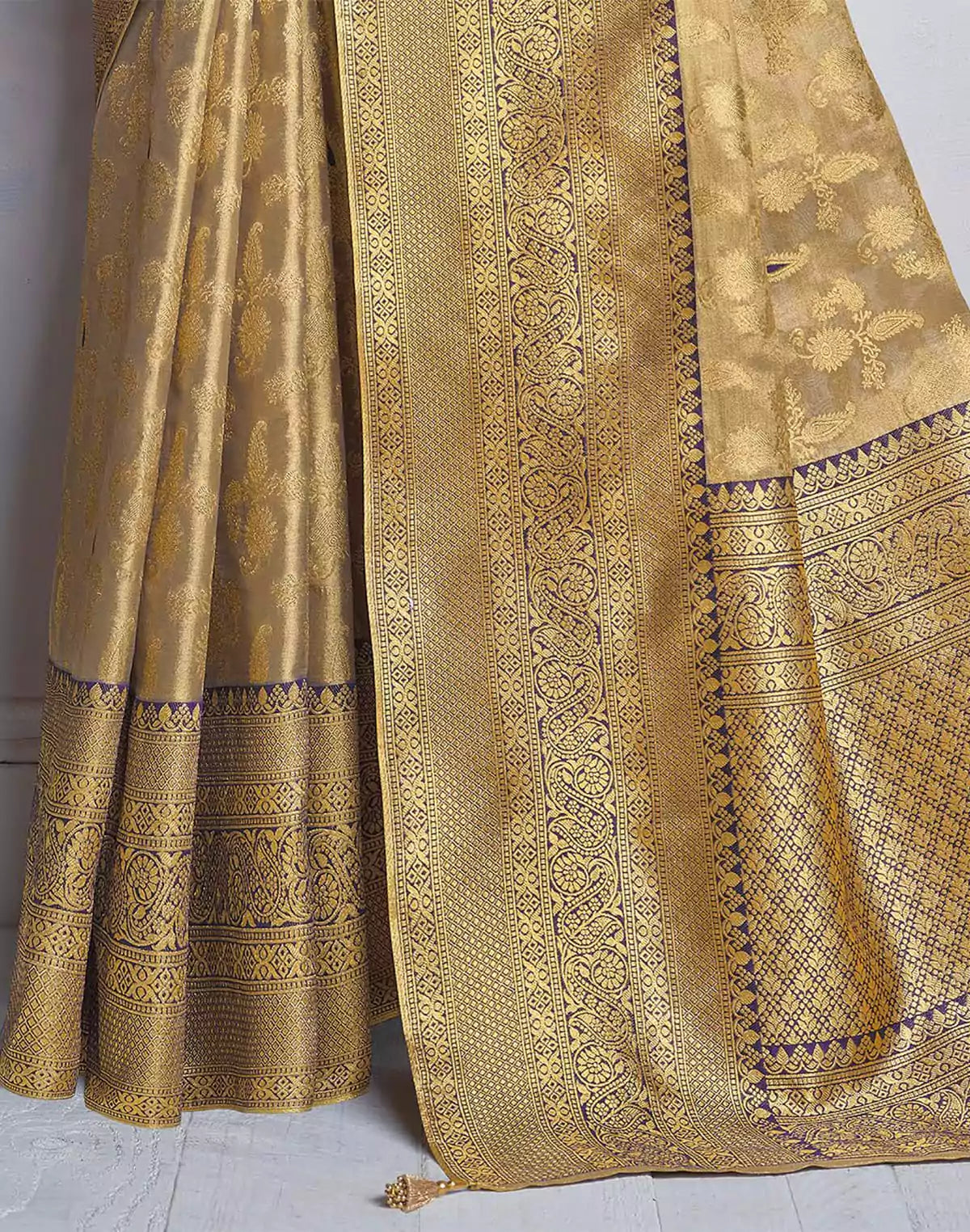 Image of Gold Coloured all over Paisely design Banaras Tissue Saree