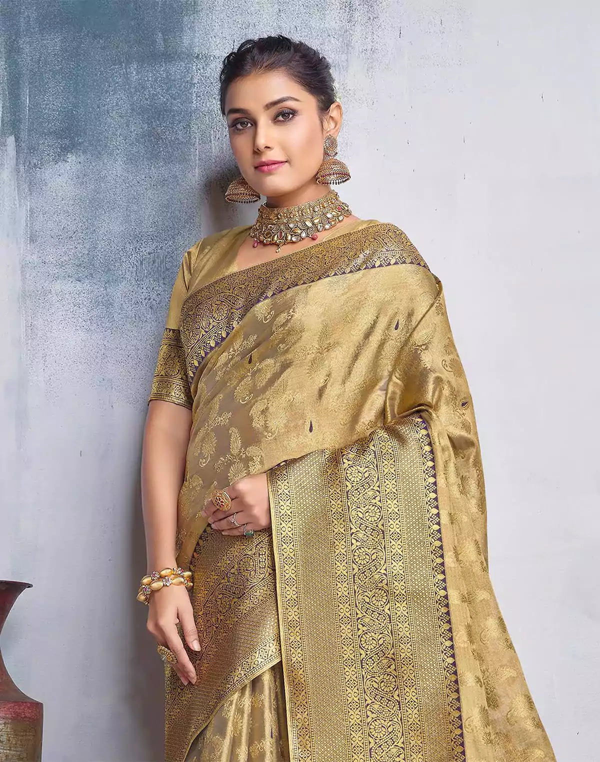 Image of Gold Coloured all over Paisely design Banaras Tissue Saree