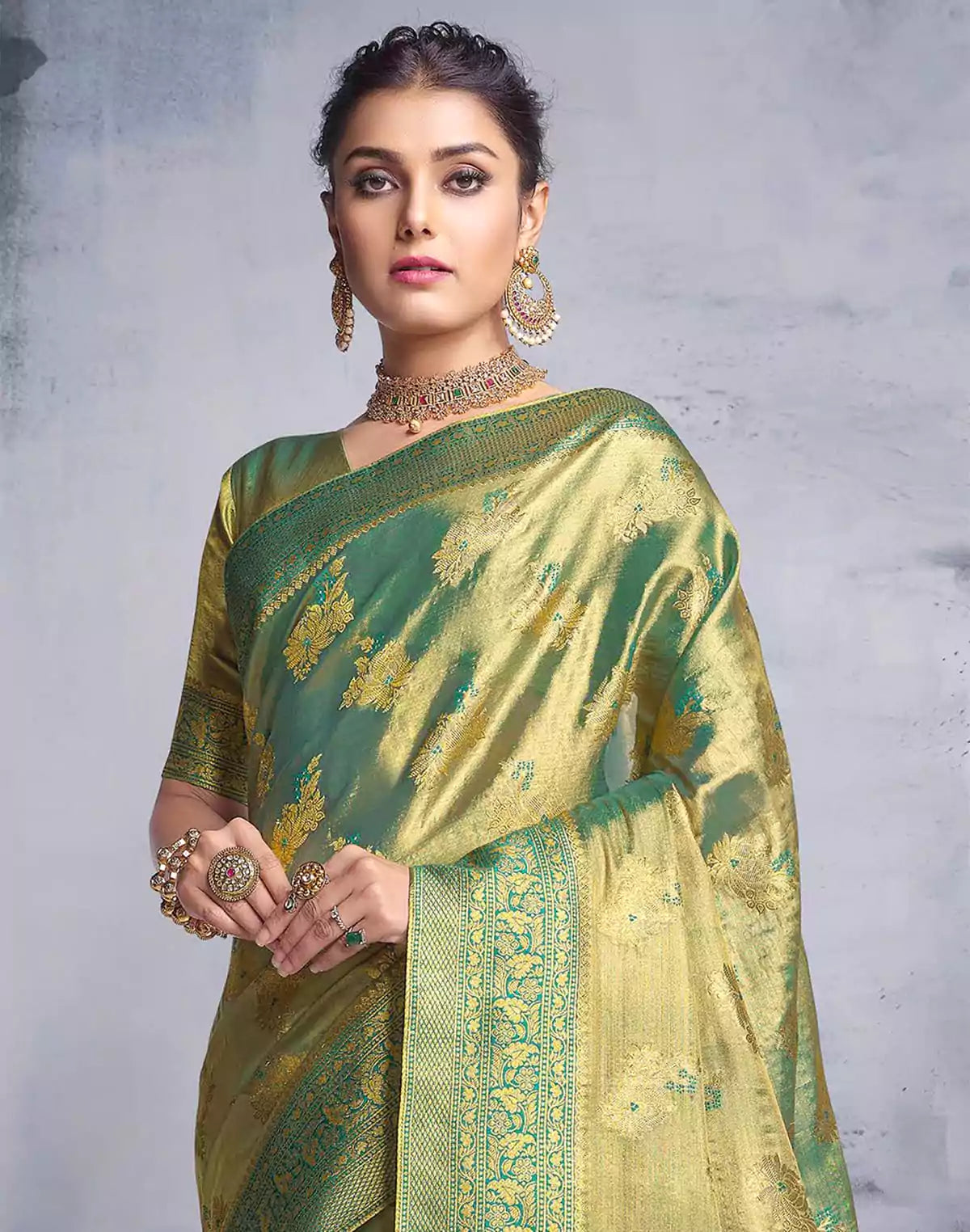 Image of Greenish Floral Motis Banaras Tissue Saree