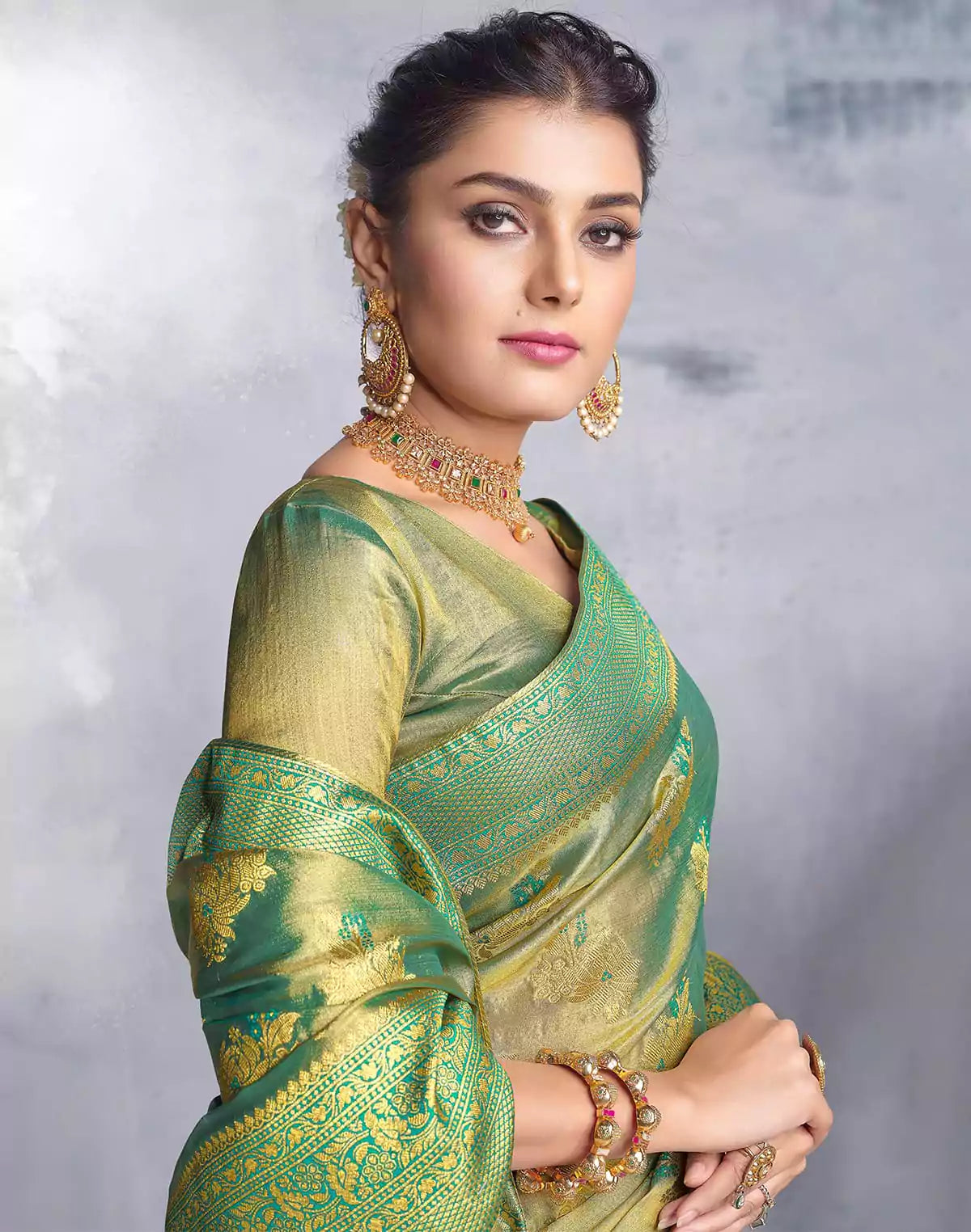 Image of Greenish Floral Motis Banaras Tissue Saree