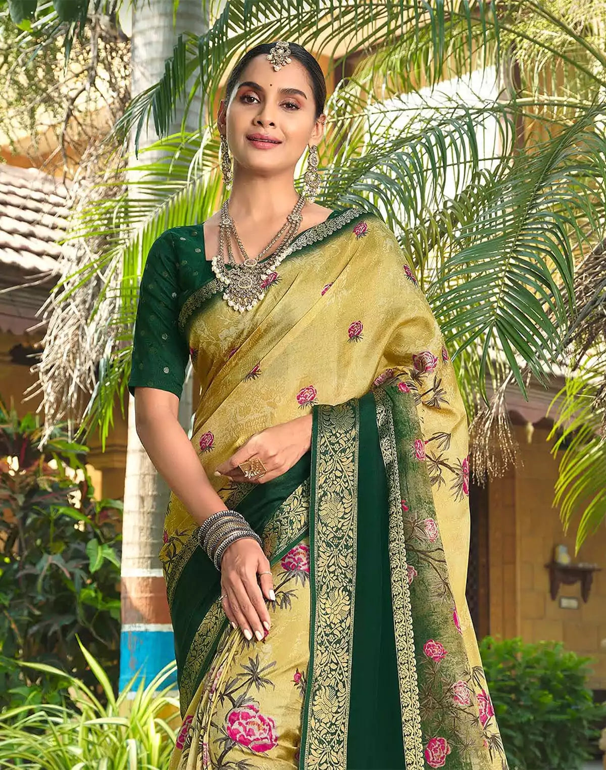 Image of Yellow Coloured Floral Motifs Dola Silk Saree