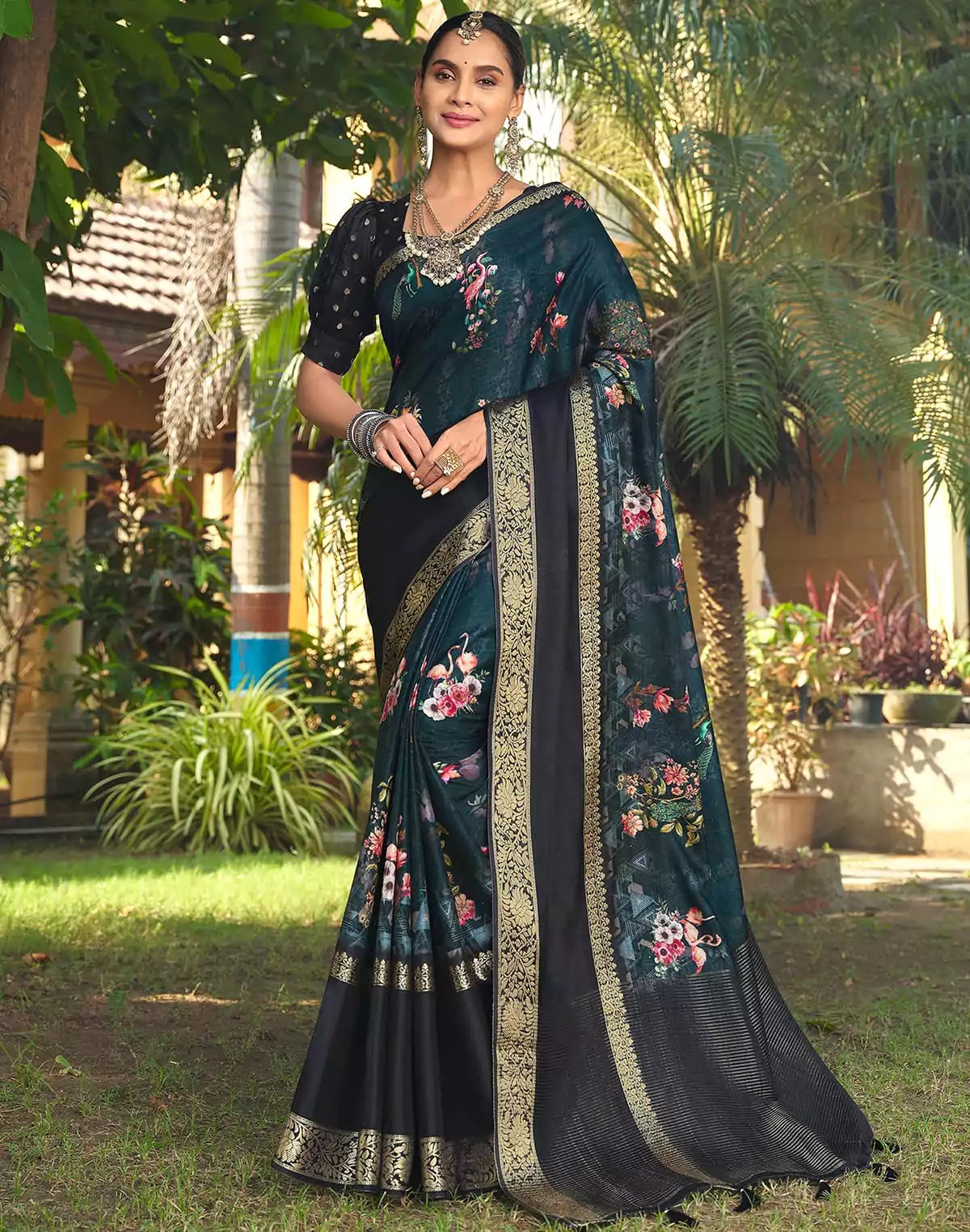 Image of Peacock Blue Novelty Pattern Dola Silk Saree