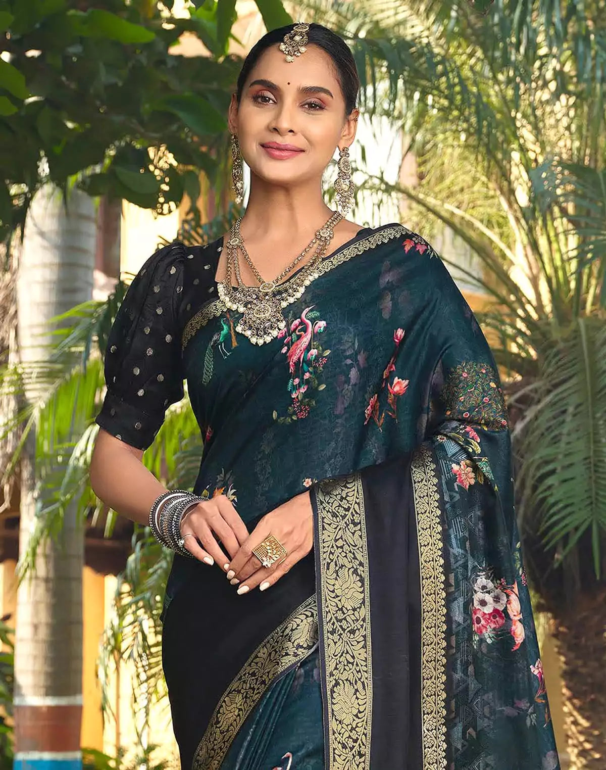 Image of Peacock Blue Novelty Pattern Dola Silk Saree