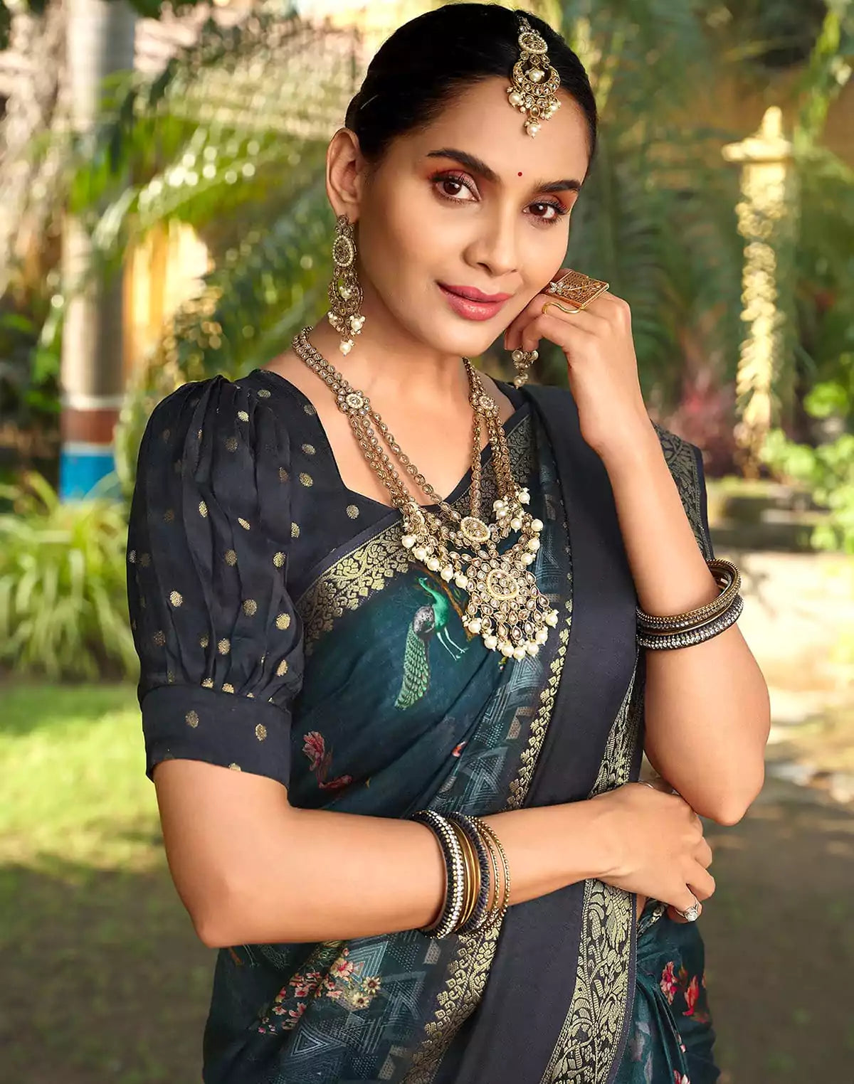 Image of Peacock Blue Novelty Pattern Dola Silk Saree