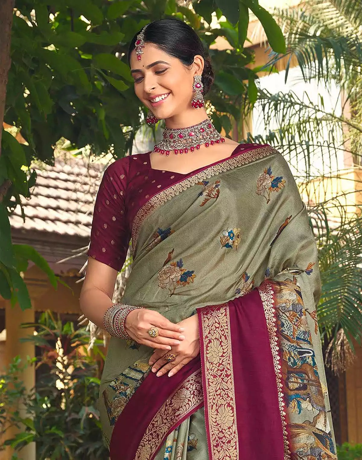 Image of Mehendi Green Floral Dola Silk Saree with Contrast Blouse