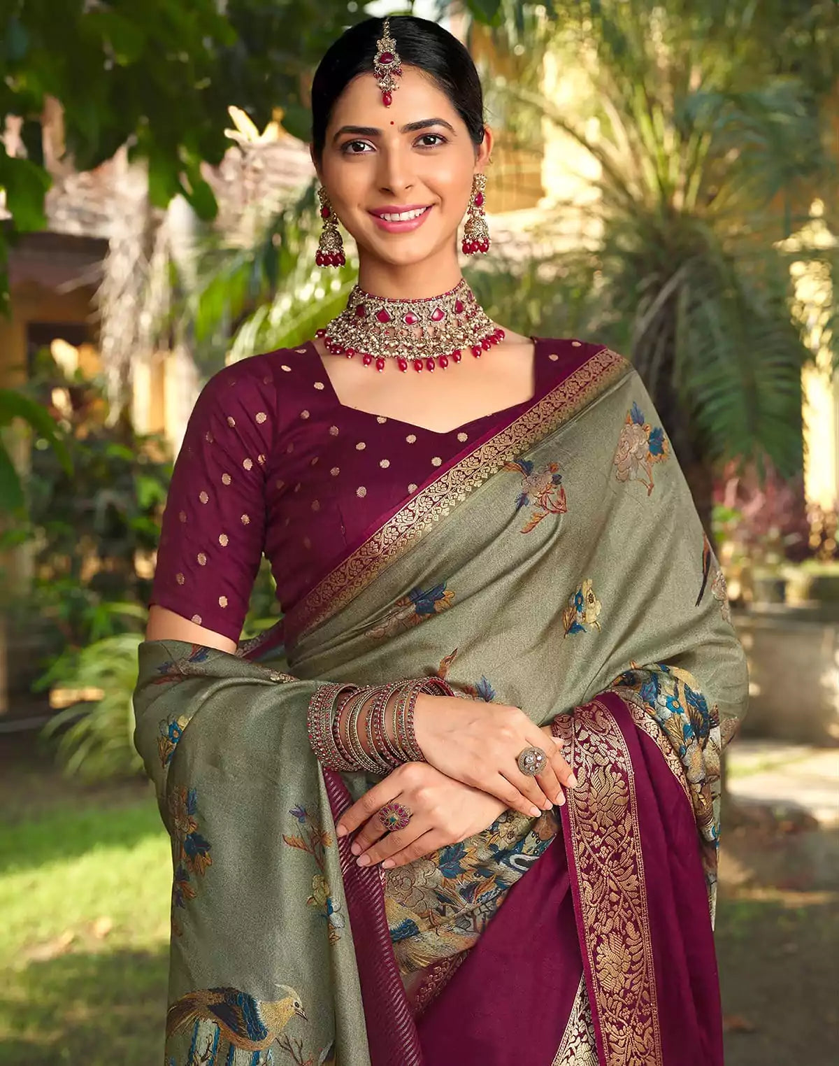 Image of Mehendi Green Floral Dola Silk Saree with Contrast Blouse