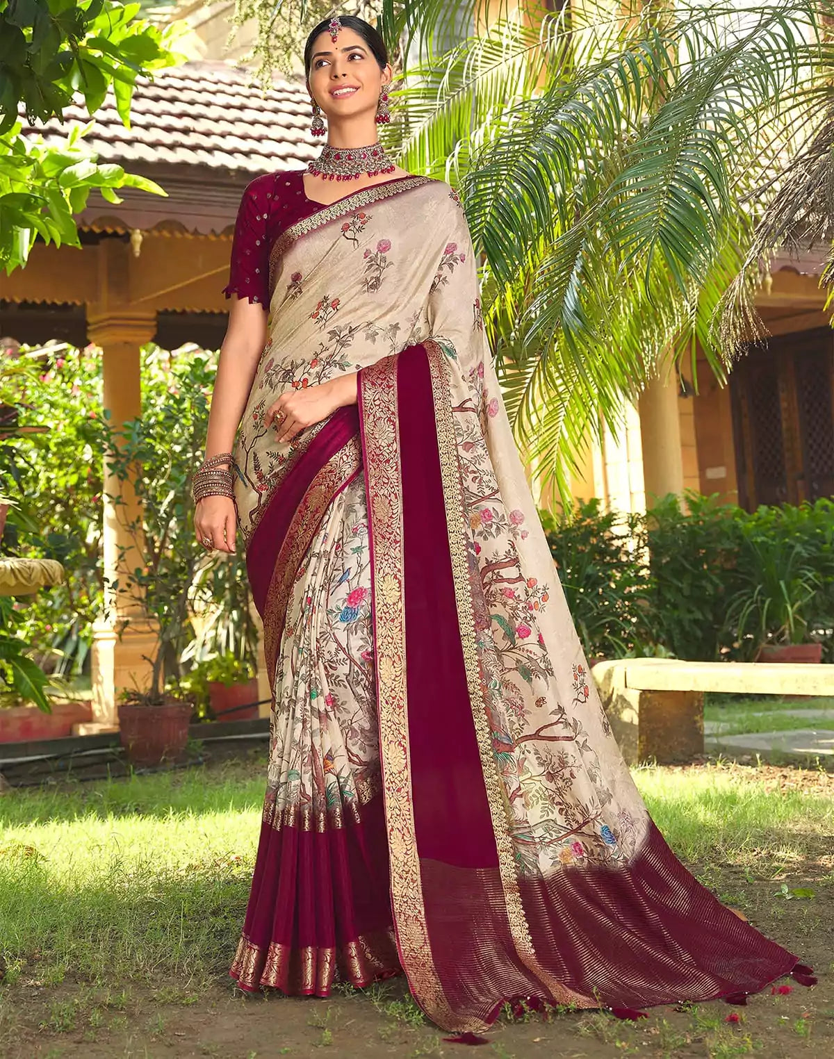 Image of Beautiful Floral Print Cream Soft Dola Silk Saree