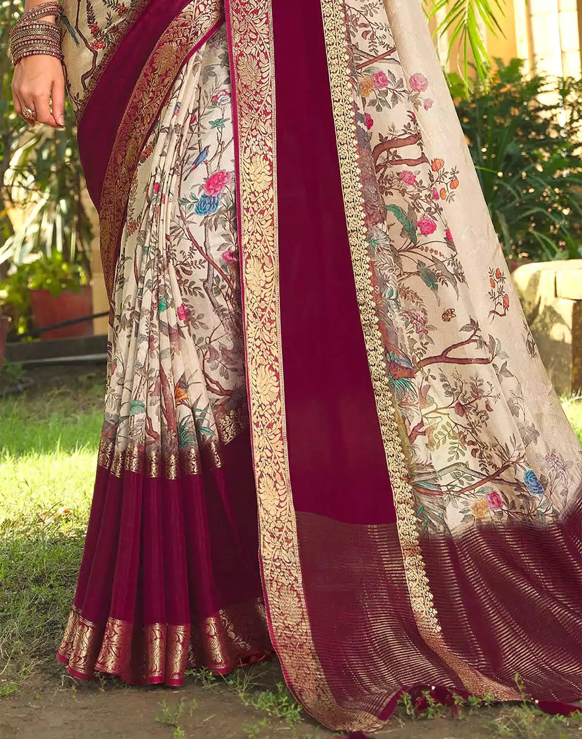 Image of Beautiful Floral Print Cream Soft Dola Silk Saree
