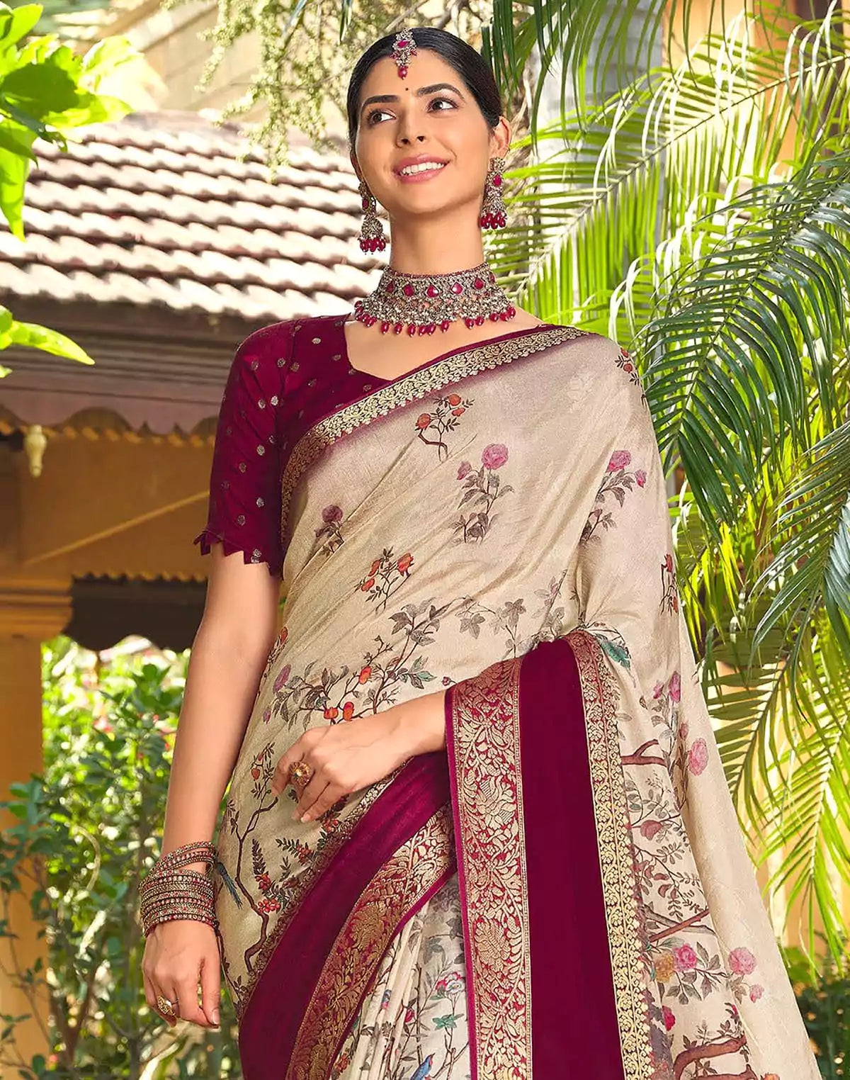 Image of Beautiful Floral Print Cream Soft Dola Silk Saree