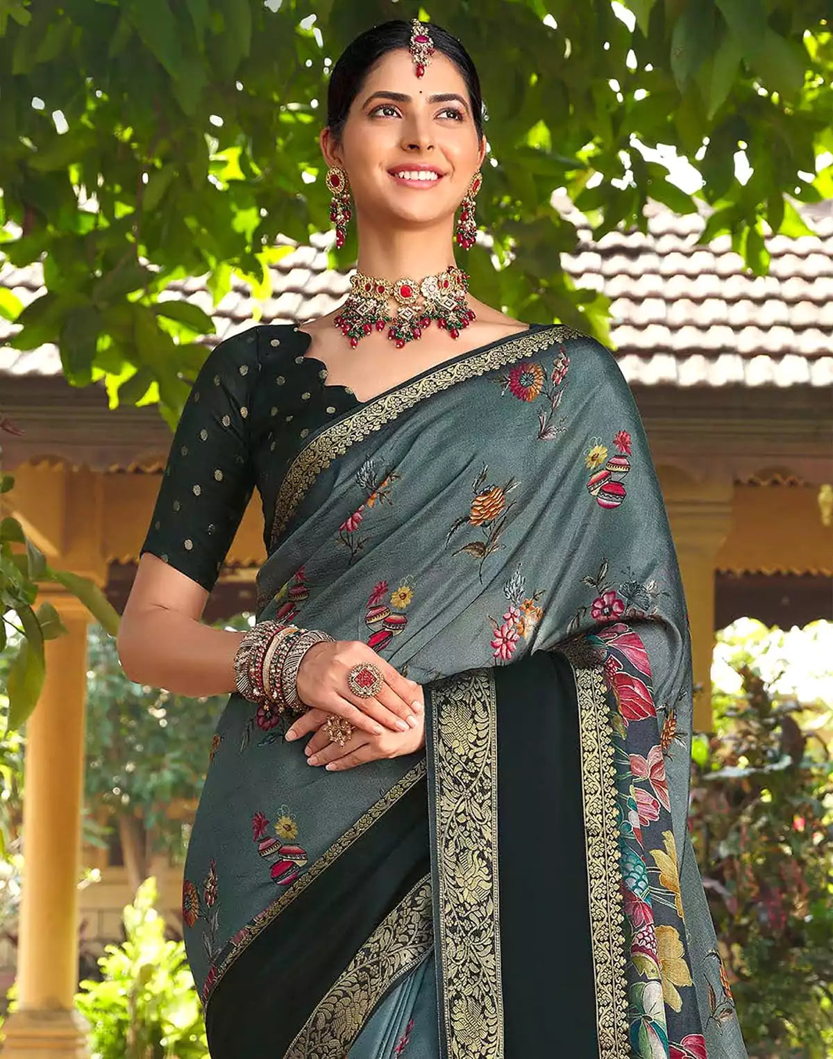 Image of Soft Dola Silk Kalamkari Print Light Blue Saree