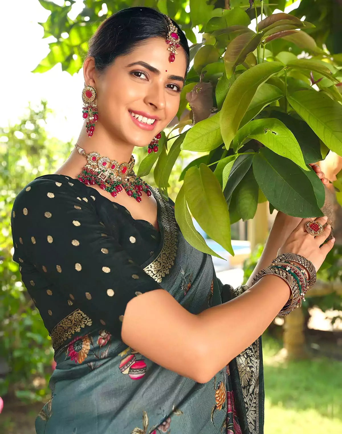 Image of Soft Dola Silk Kalamkari Print Light Blue Saree