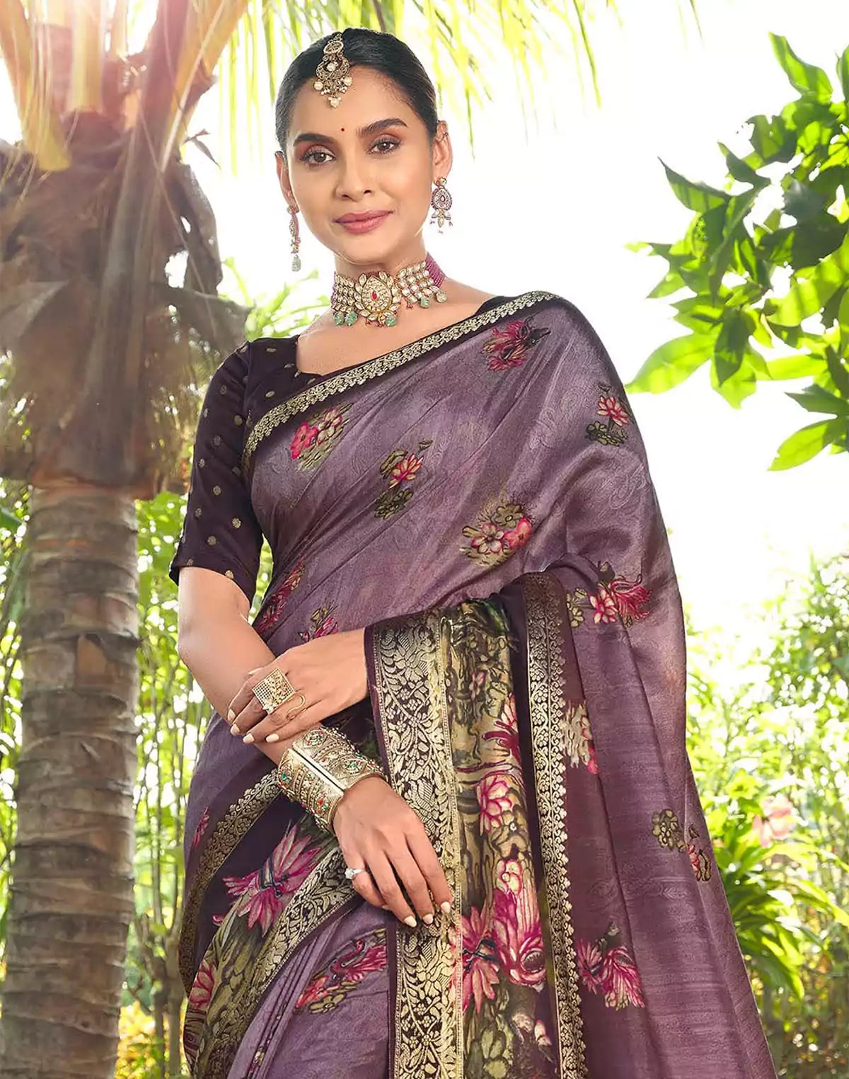 Image of Light Purple All over Floral bunches Dola Silk Saree