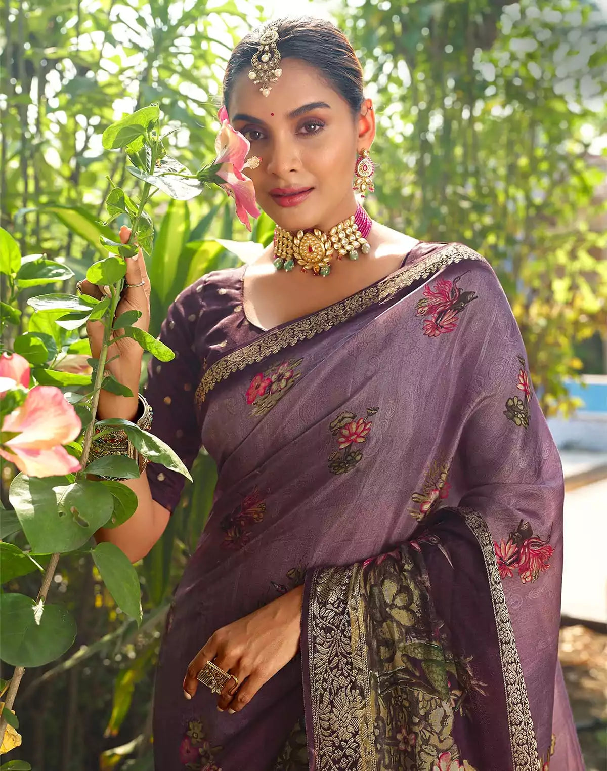 Image of Light Purple All over Floral bunches Dola Silk Saree