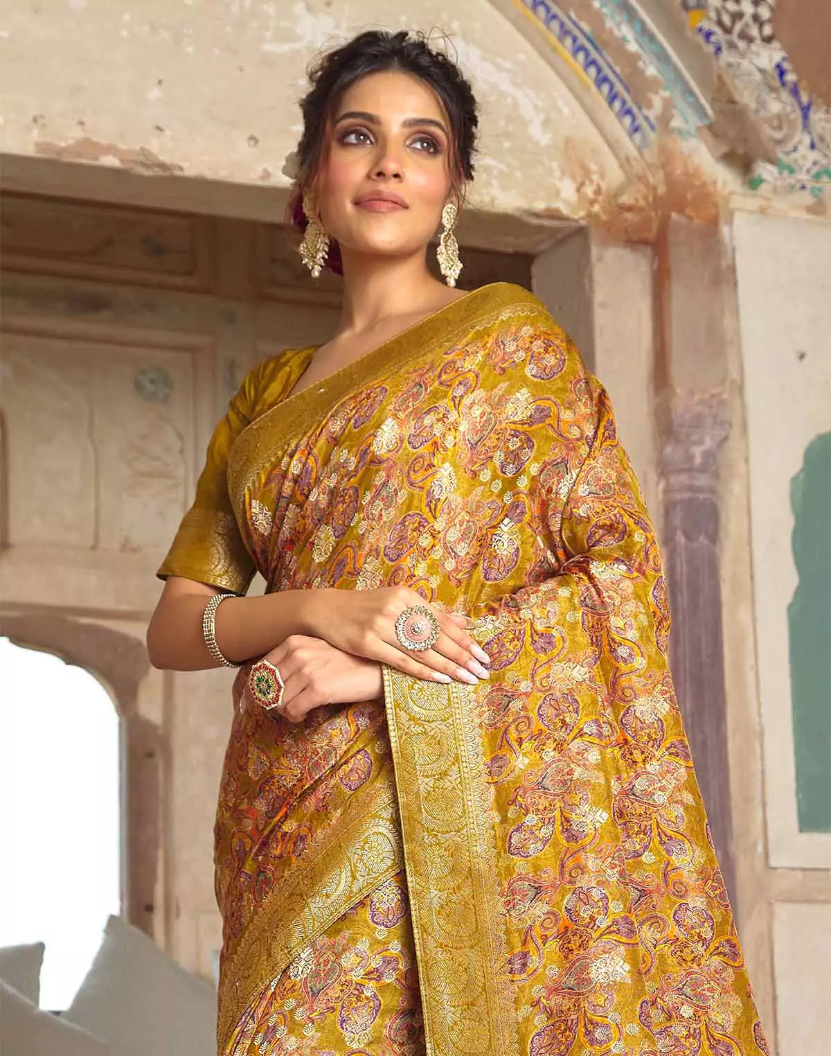 Image of Mustard Coloured Dola Silk Party Wear Saree