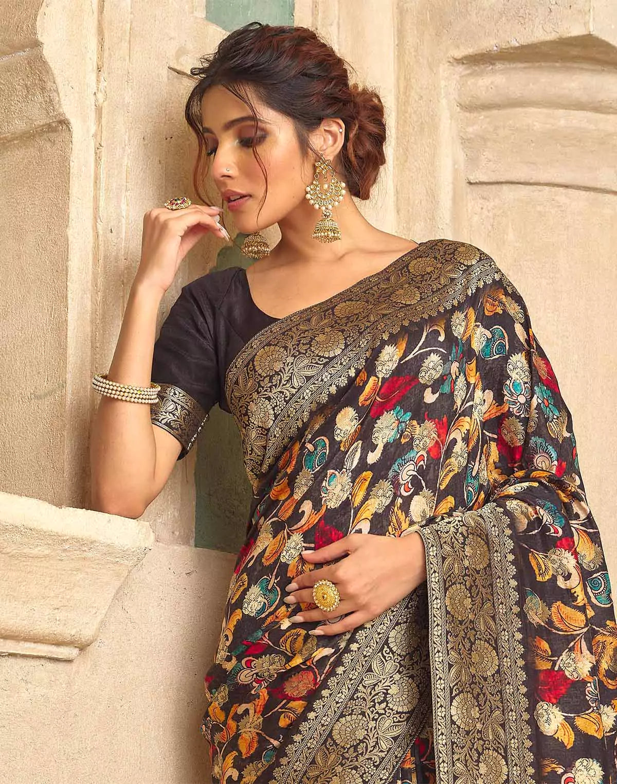 Image of Black Coloured Floral Print Dola Silk Saree