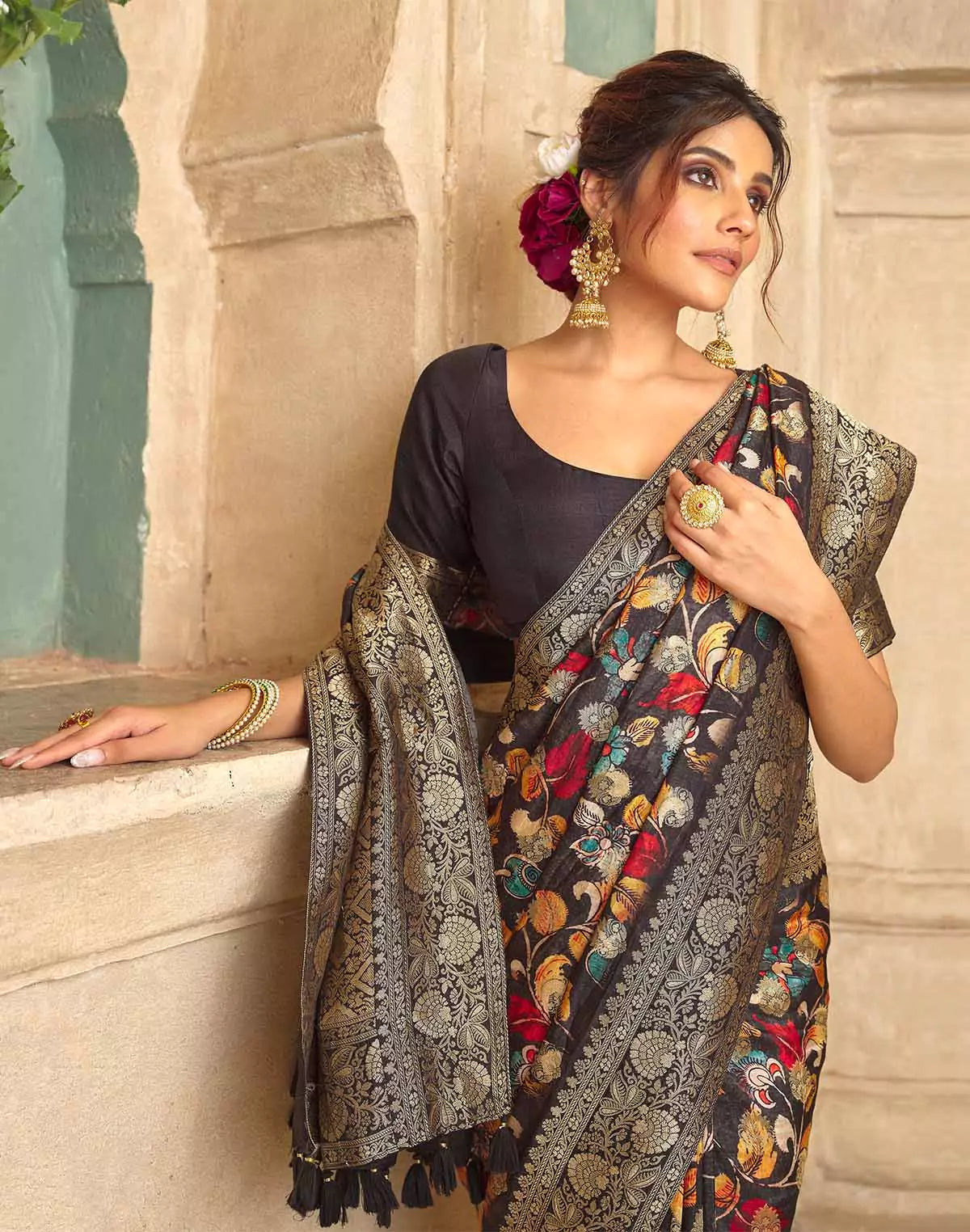 Image of Black Coloured Floral Print Dola Silk Saree
