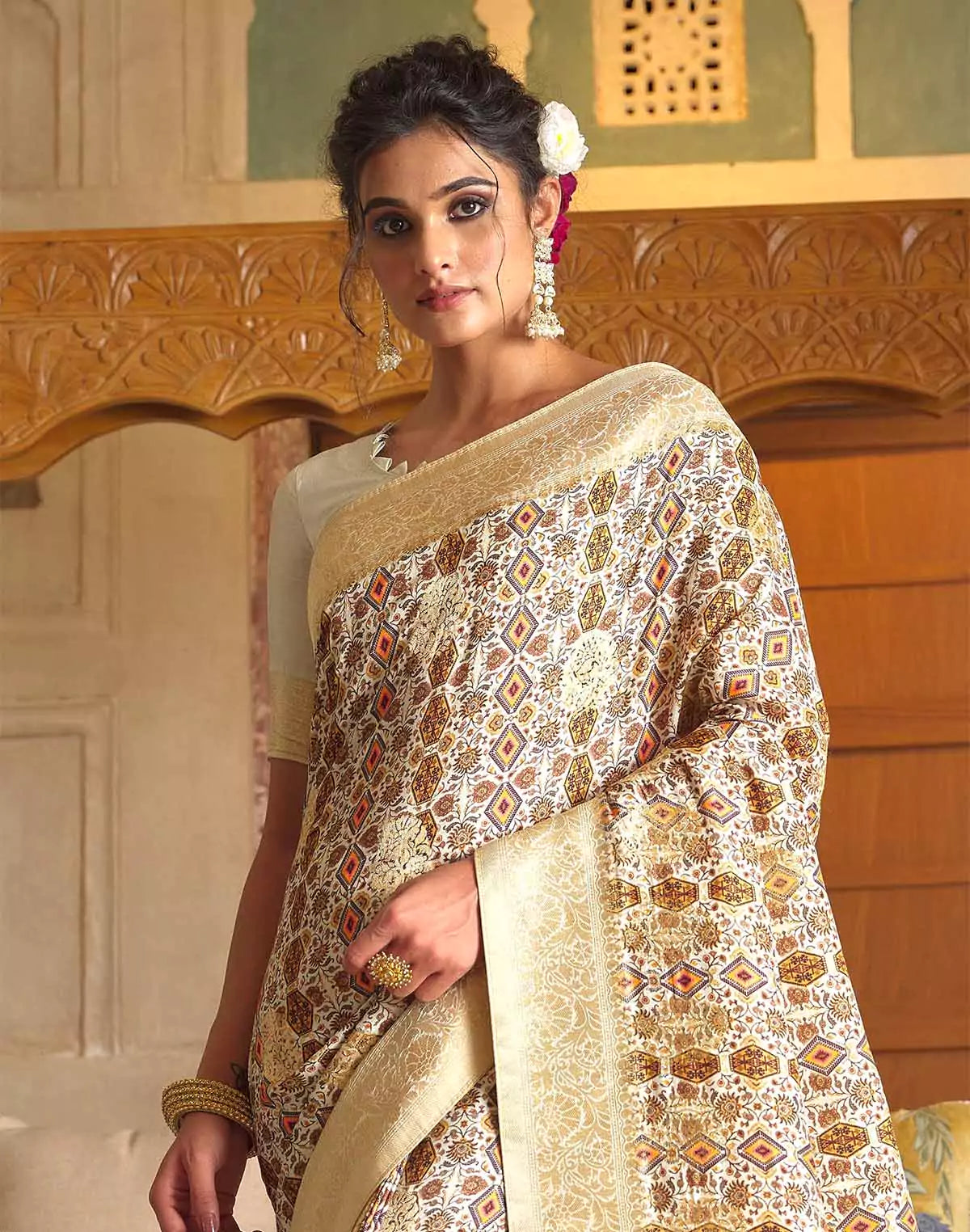 Image of Soft Dola Silk Zari weaving Cream Saree