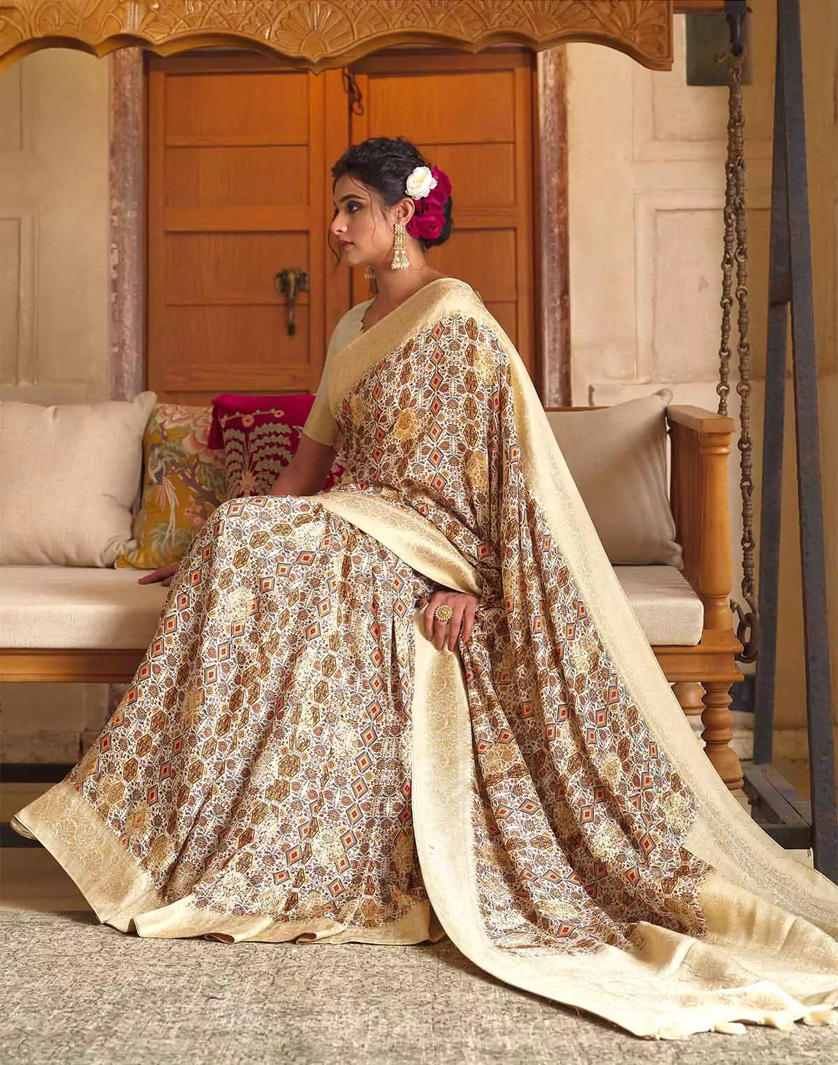 Image of Soft Dola Silk Zari weaving Cream Saree