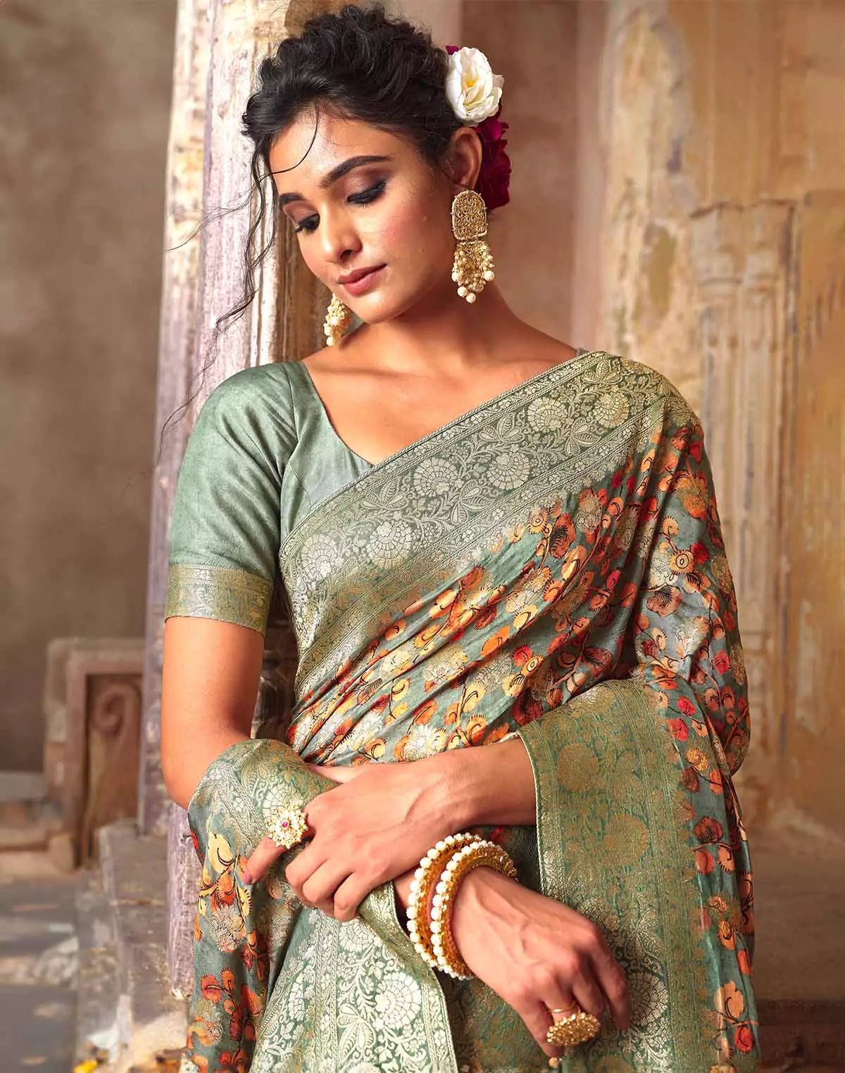 Image of Light Green Dola Silk all over Woven Zari and Floral Print Saree