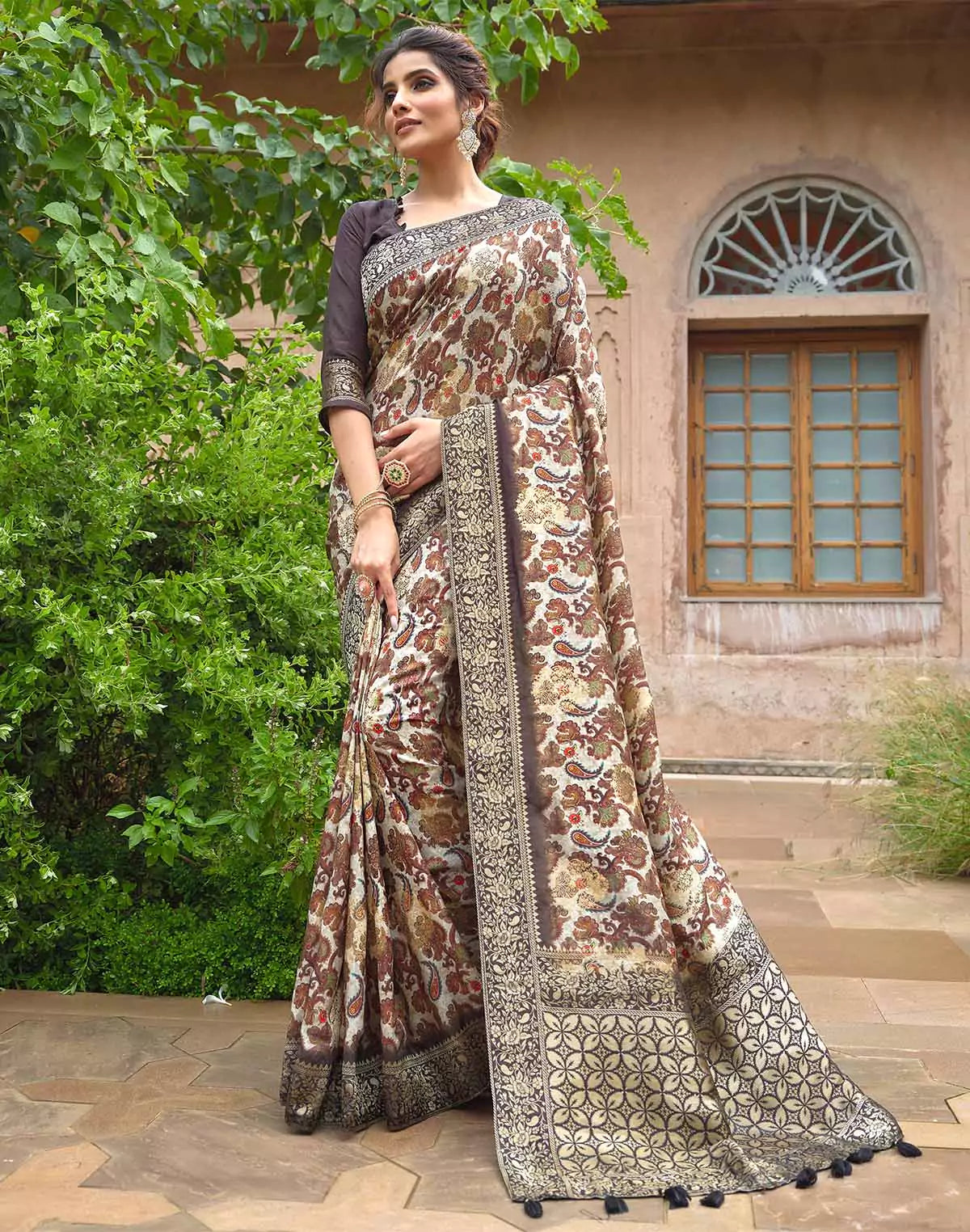 Image of Beautiful Beige all over Paisely and Floral Print Dola Silk Saree