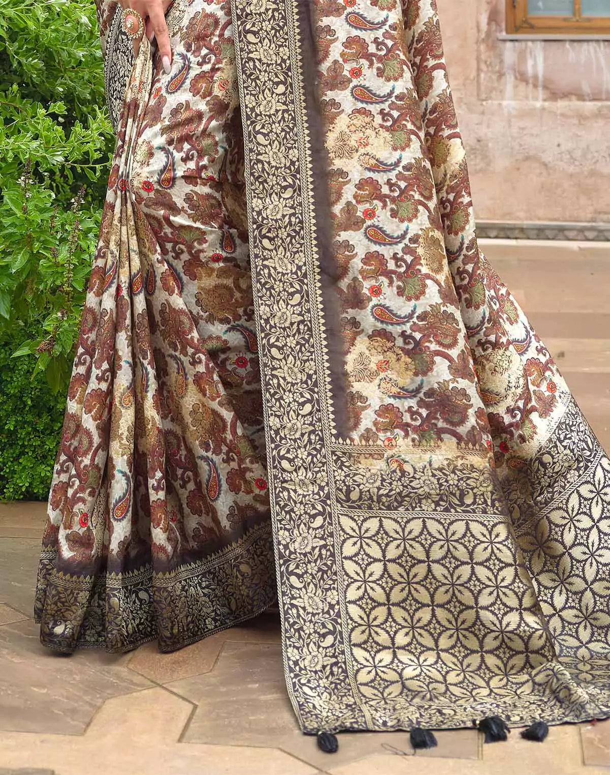 Image of Beautiful Beige all over Paisely and Floral Print Dola Silk Saree