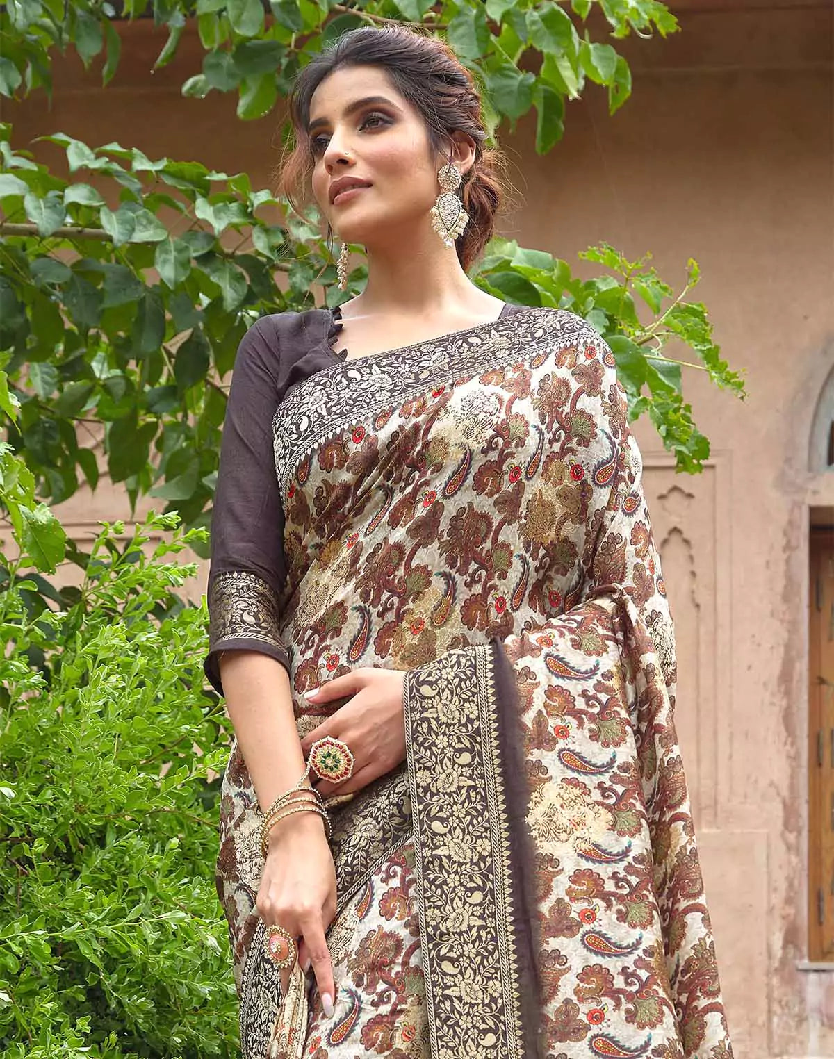 Image of Beautiful Beige all over Paisely and Floral Print Dola Silk Saree