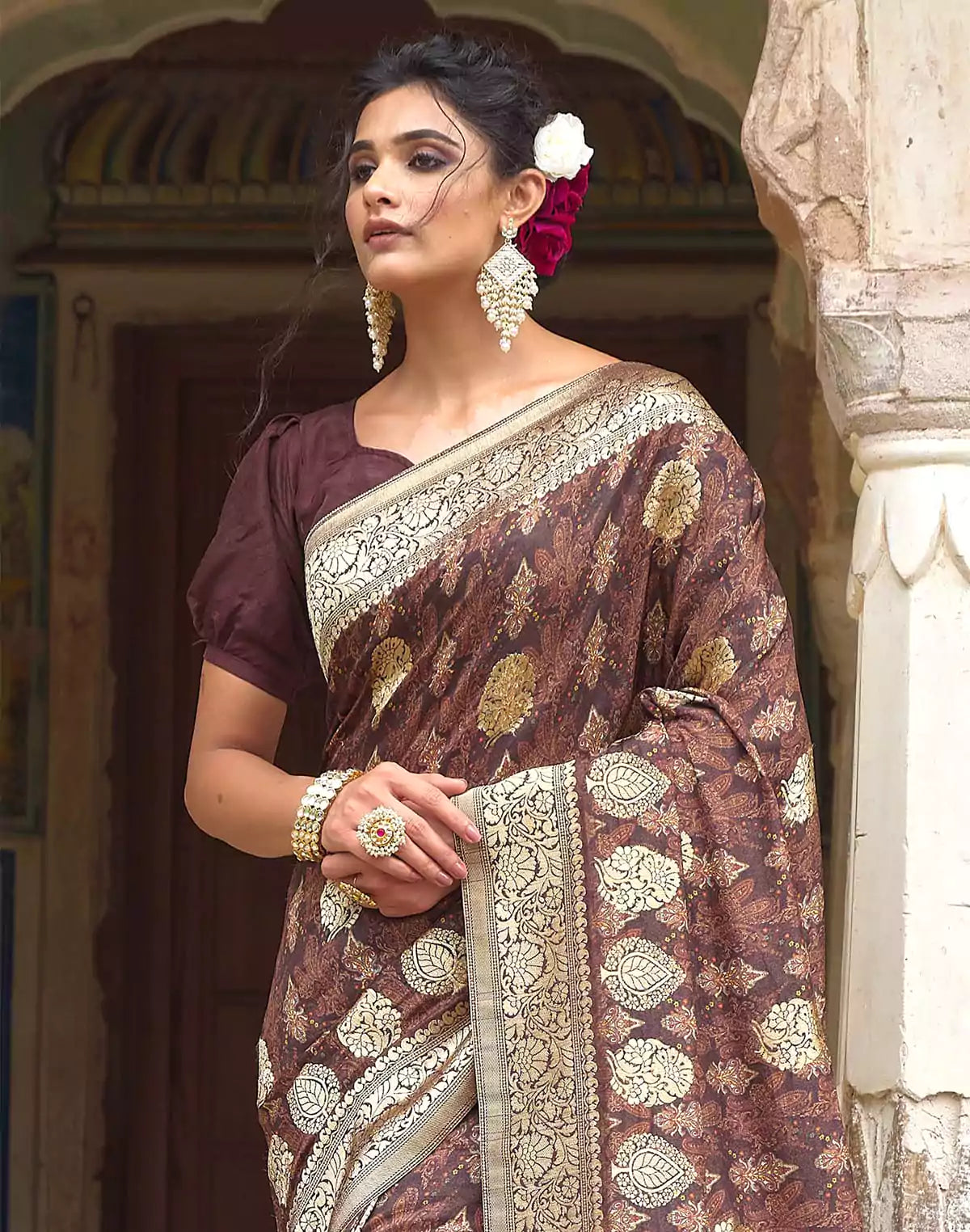 Image of Coffee Brown Elegant Dola Silk Floral Print Saree