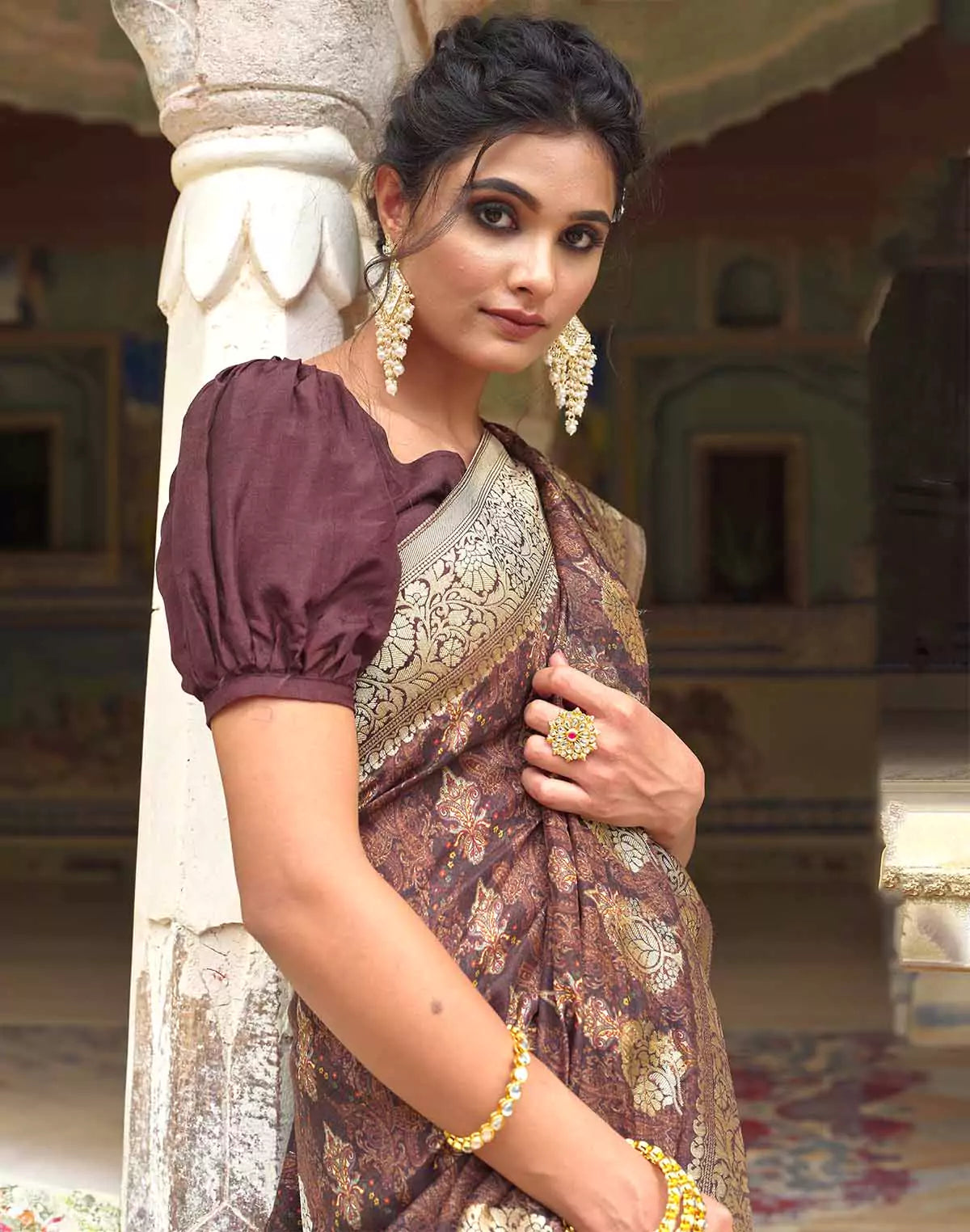 Image of Coffee Brown Elegant Dola Silk Floral Print Saree