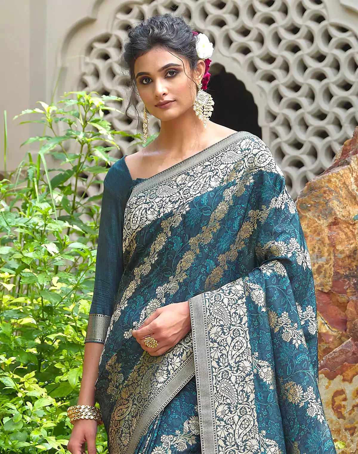 Image of Peacock Blue Floral Dola Silk Designer Saree