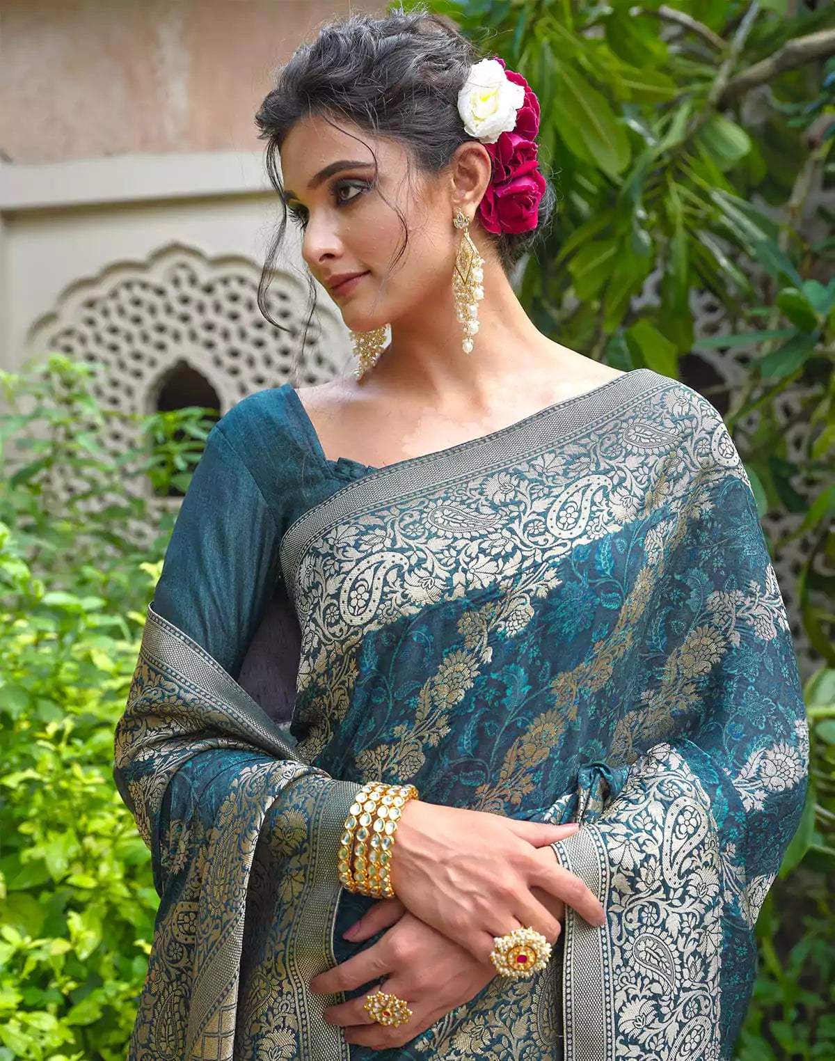 Image of Peacock Blue Floral Dola Silk Designer Saree